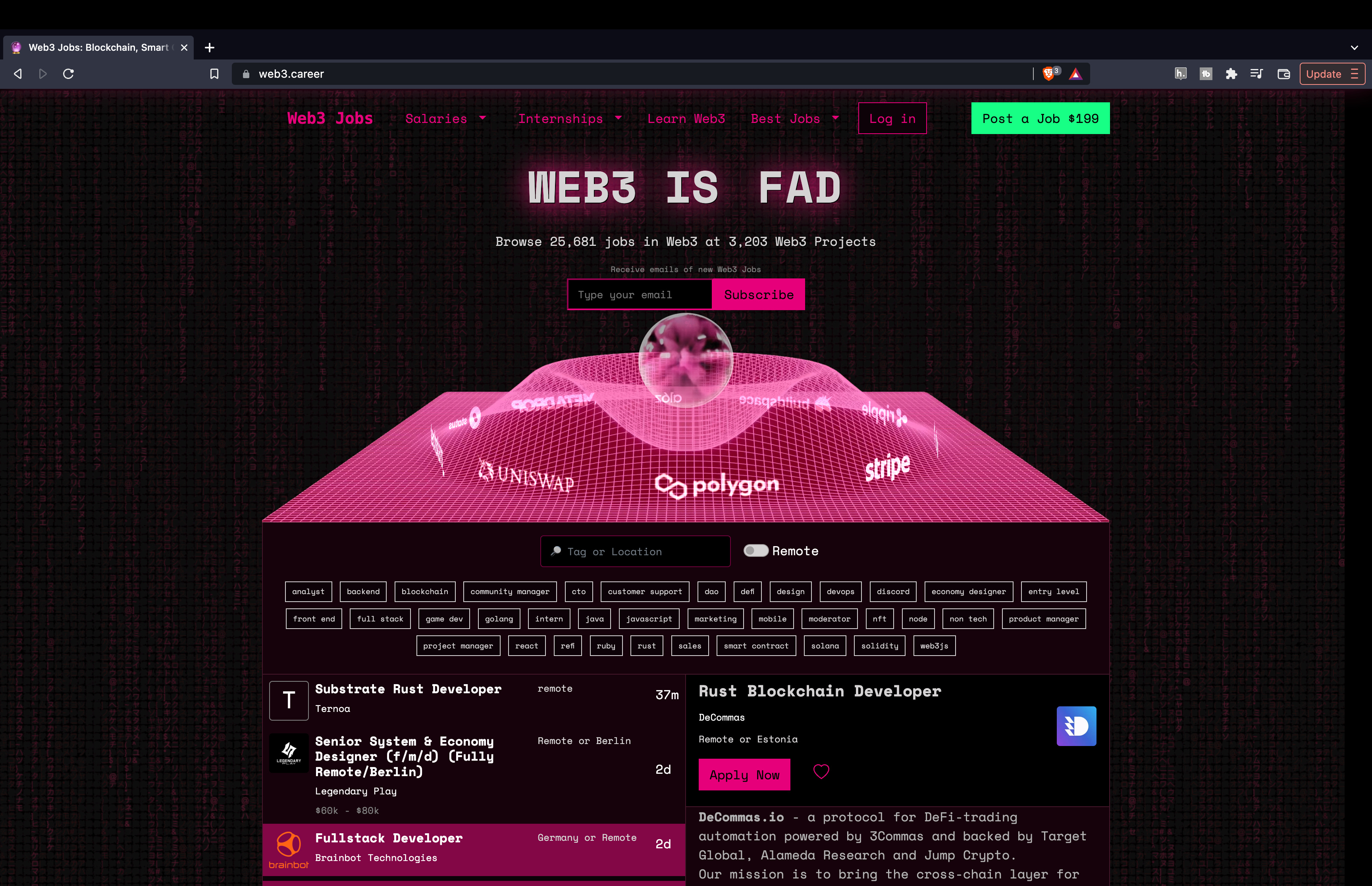 The matrix inspired landing page of Web3.Career