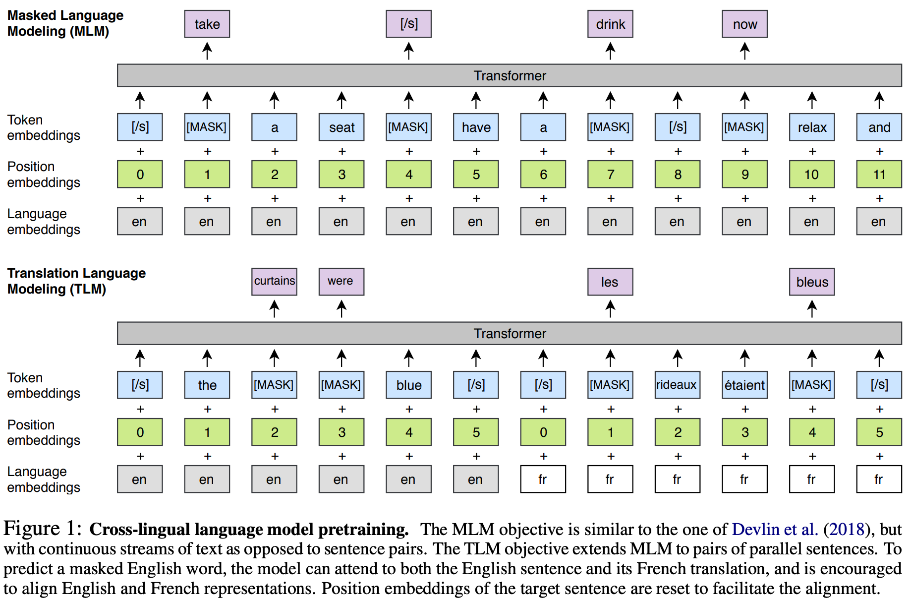 The Masked Language Modeling (MLM) objective as basis for training