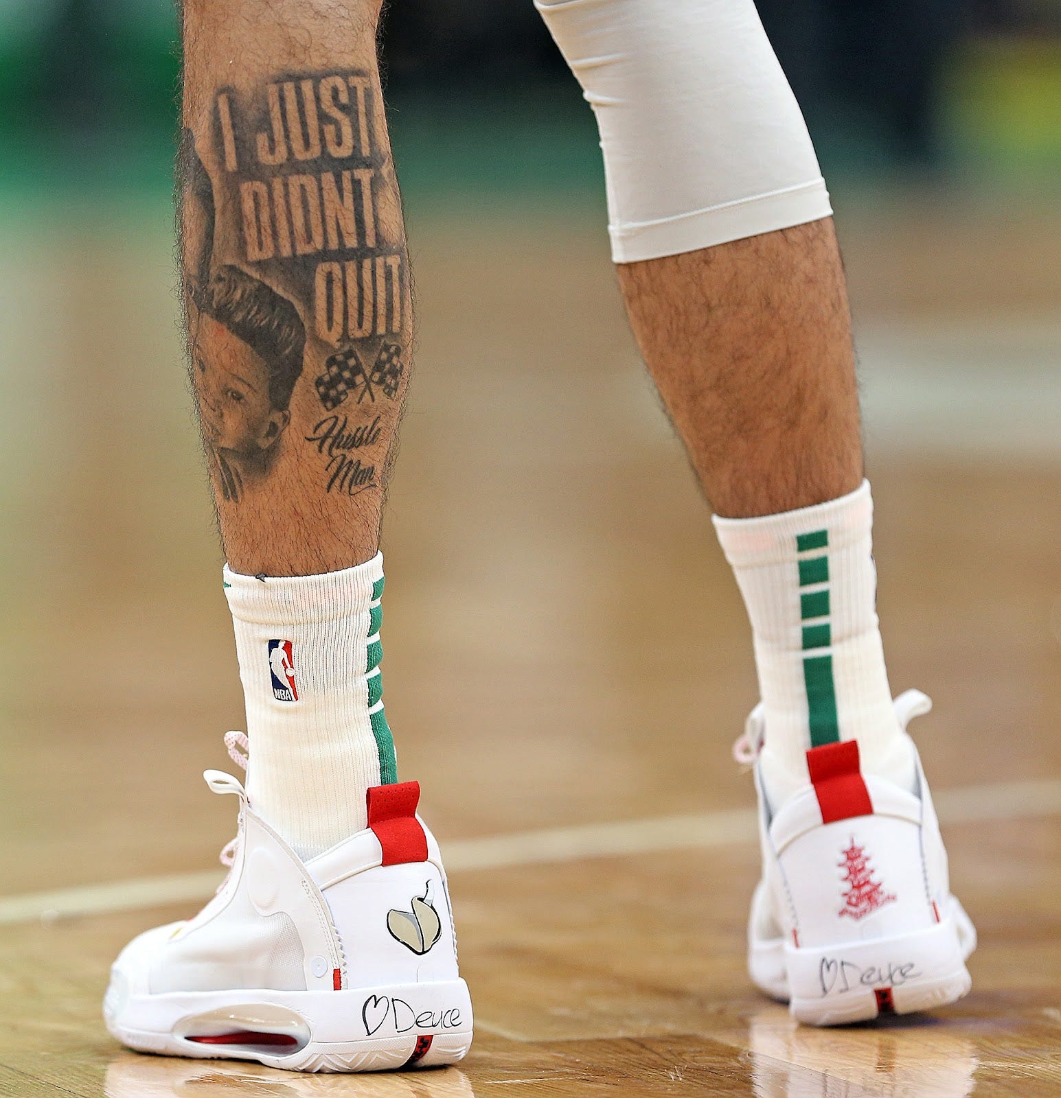 A tattoo on the leg of Golden State Warriors guard Jordan Poole seen  before an NBA basketball game Wednesday March 30 2022 in San Francisco  AP PhotoD Ross Cameron Stock Photo  Alamy
