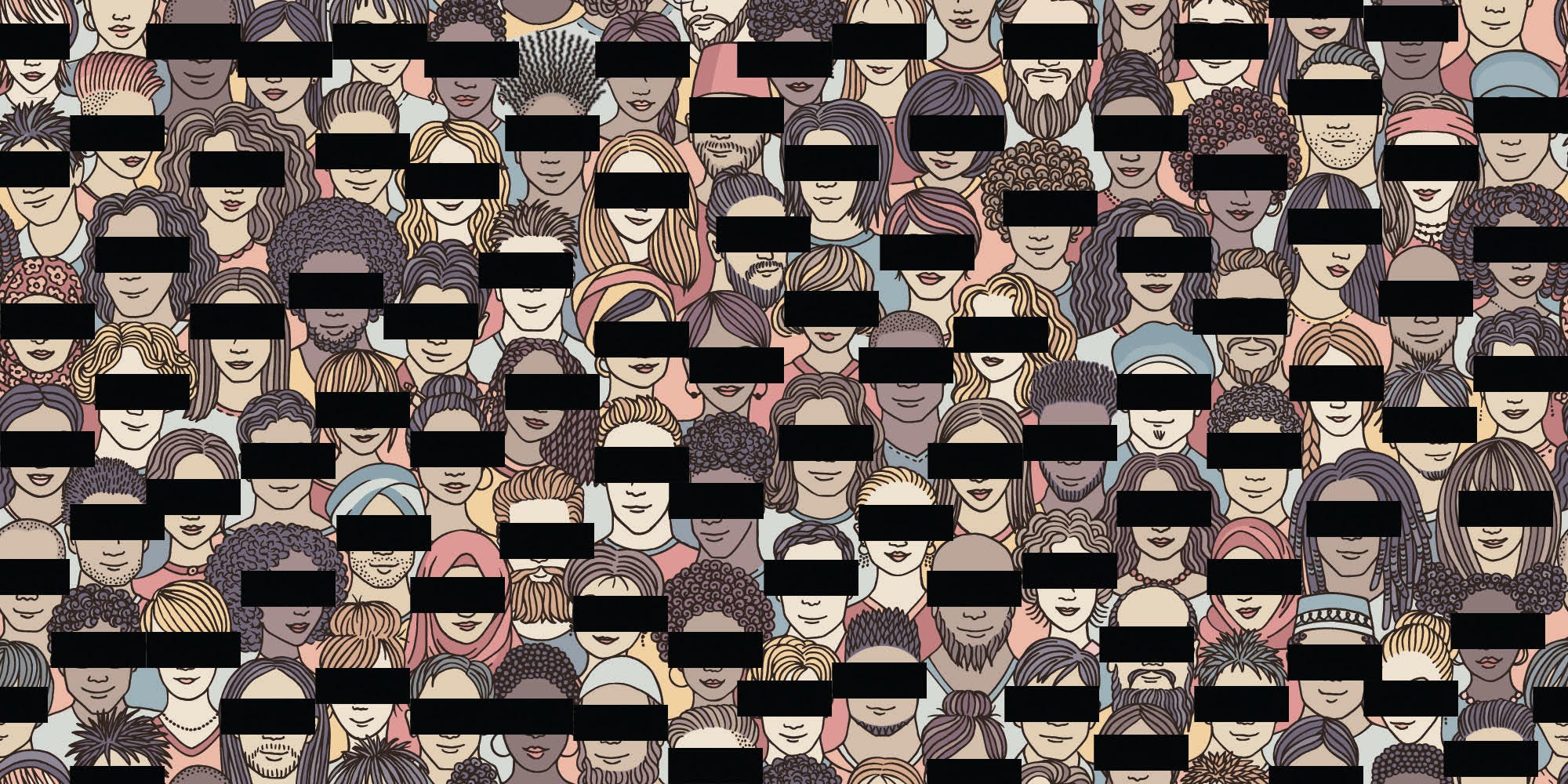 Diverse group of people with their eyes covered by black blocks