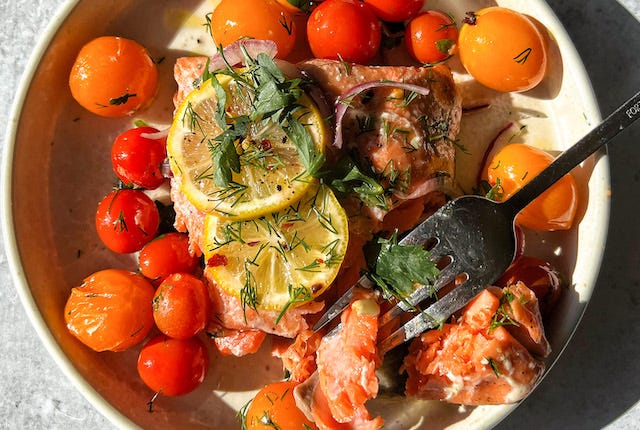Salmon & Artichoke en Papillote with Tomato, Zucchini & Walnut