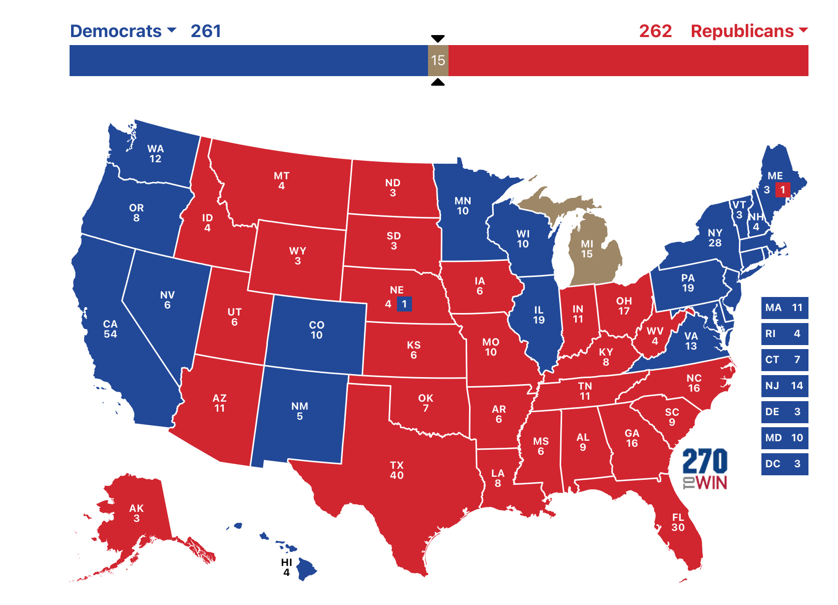 Us election Map. The elections in the USA 2016. Electoral College. Map if Hillary Clinton won the election.