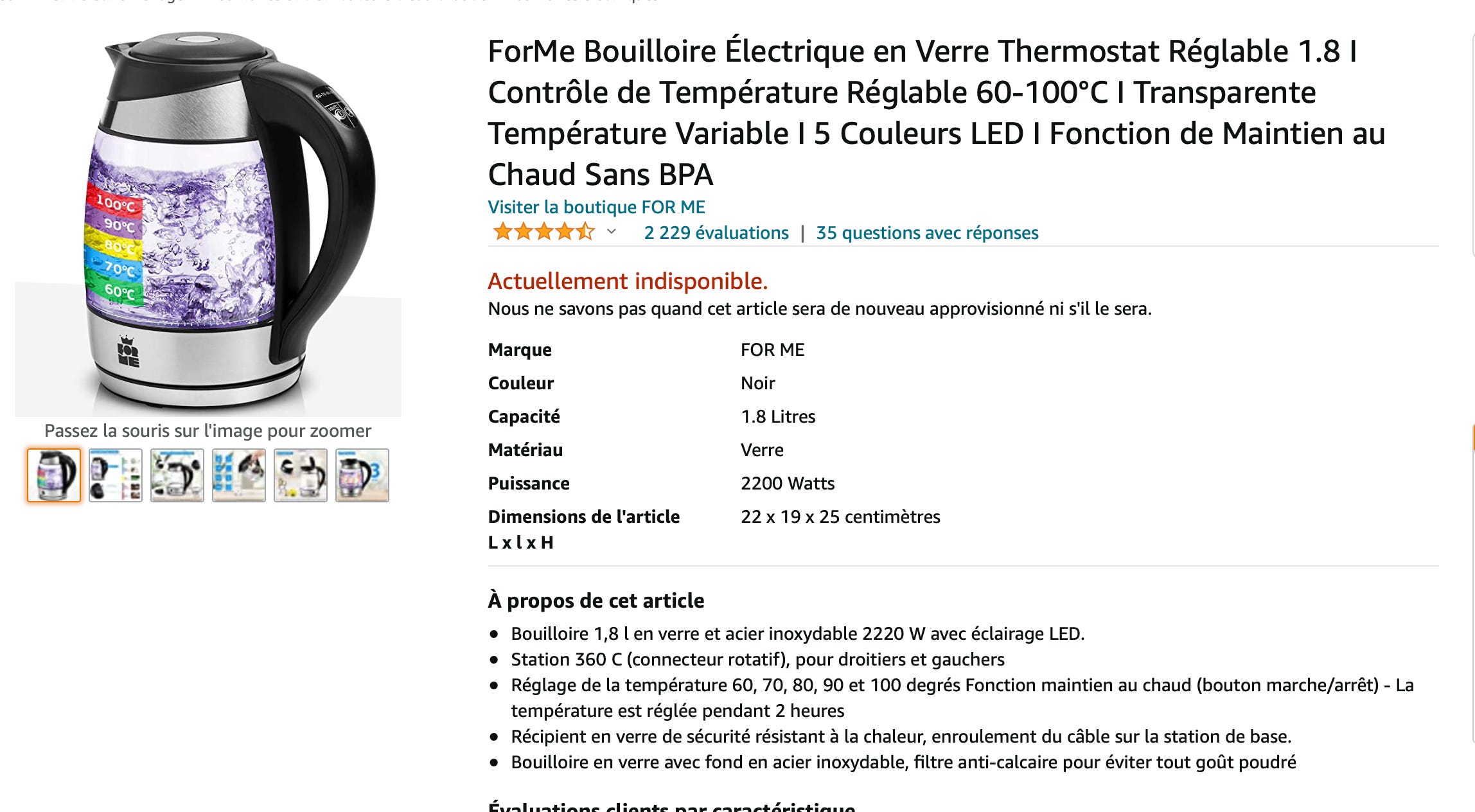 Bouilloire Électrique ForMe en Verre Thermostat Réglable 1.8 I Contrôle de Température  Réglable 60-100°C - Bouilloire - Achat & prix