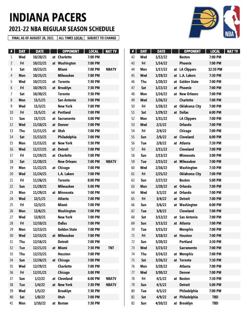 Indiana Pacers Printable Schedule