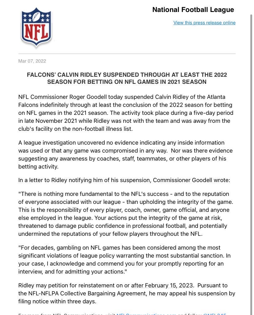 Calvin Ridley suspended for at least 2022 season for gambling on NFL games  while away from Falcons 