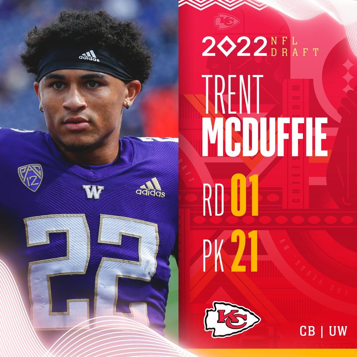 Round 1 - Pick 21: Trent McDuffie, CB, Washington (Kansas City