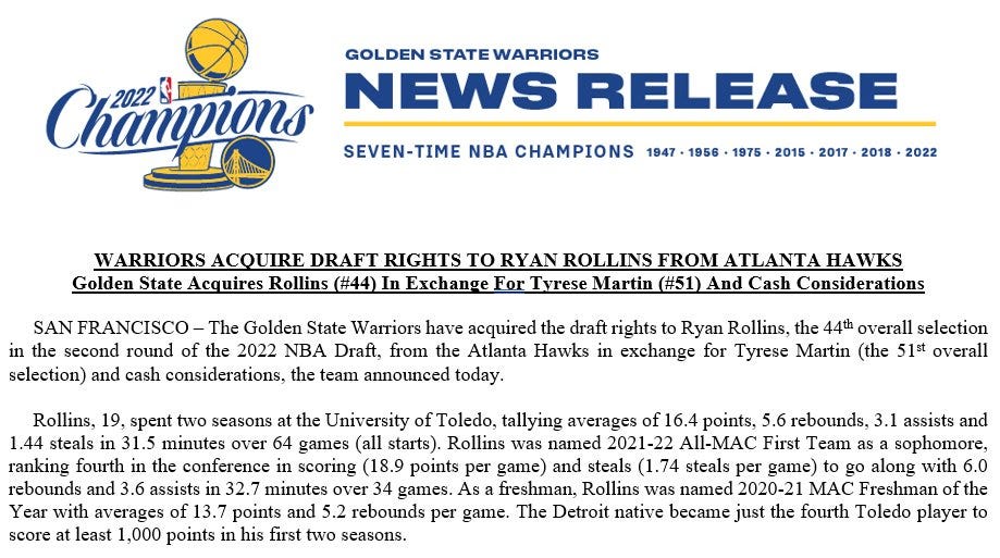 Warriors acquire No. 44 pick in 2022 NBA draft, select Toledo's