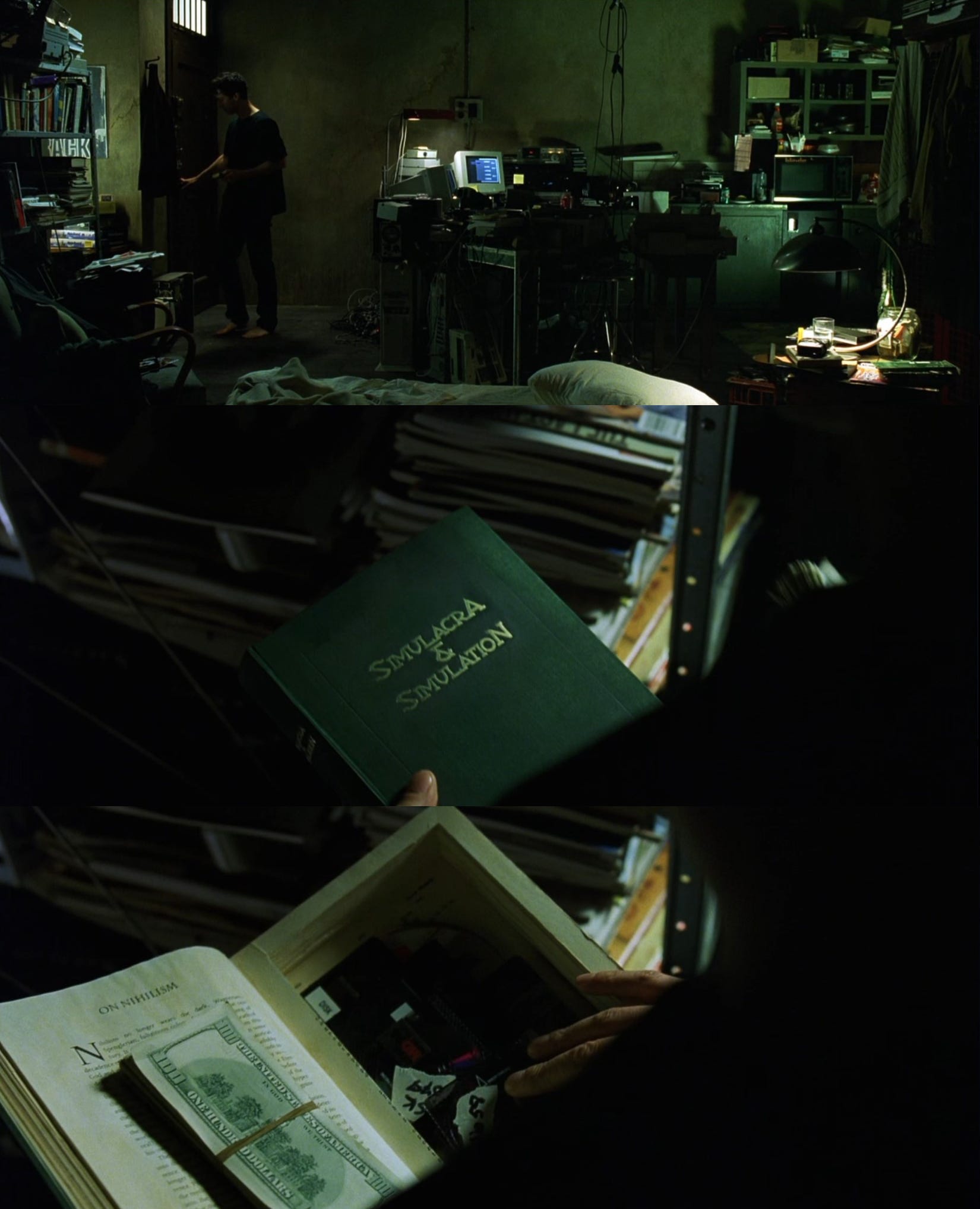 In The Matrix, we all know Neo opens the book Simulacra and Simulation,  which is about how human experience is of a simulation of reality. But he  opens the chapter to On