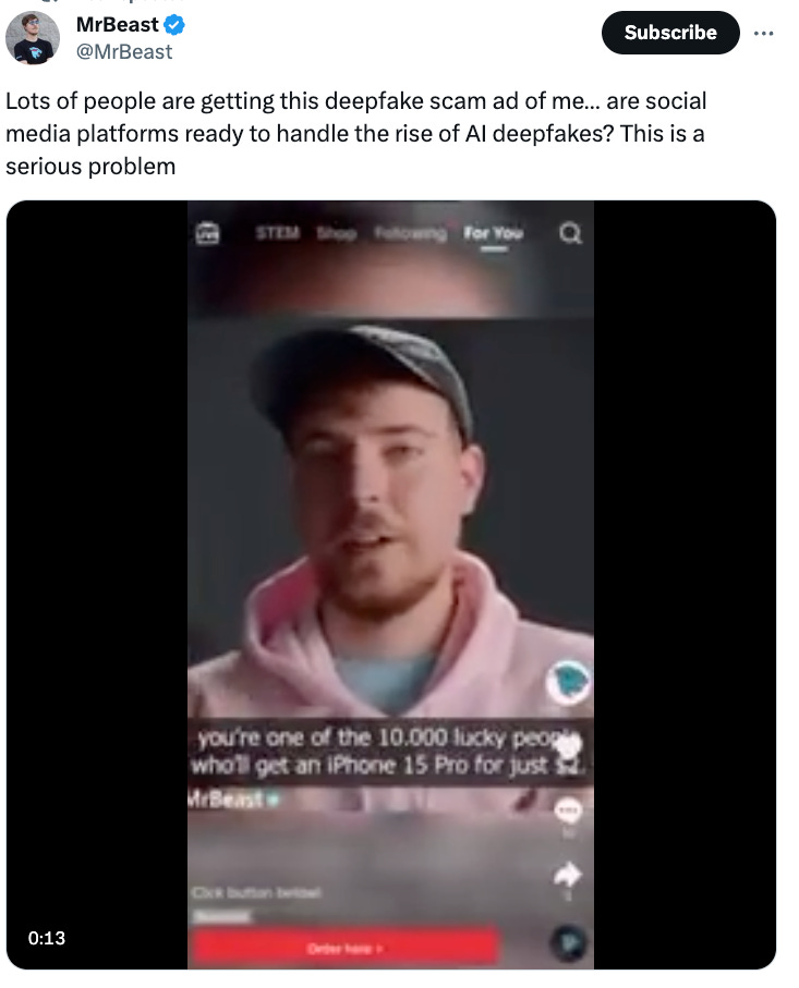 MrBeast calls TikTok ad showing an AI version of him a 'scam