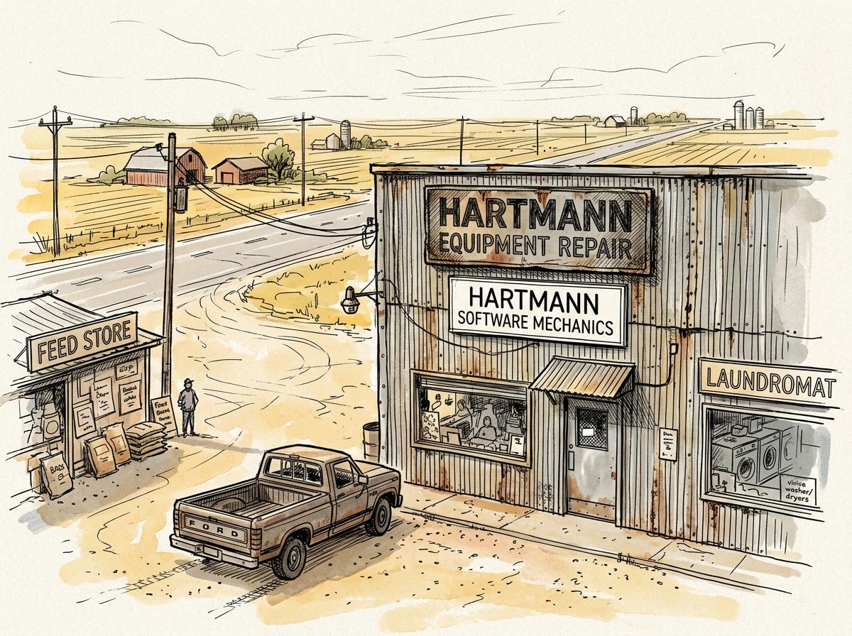 Warranty Void If Regenerated - illustration of a Software Mechanic diagnosing AI-generated code