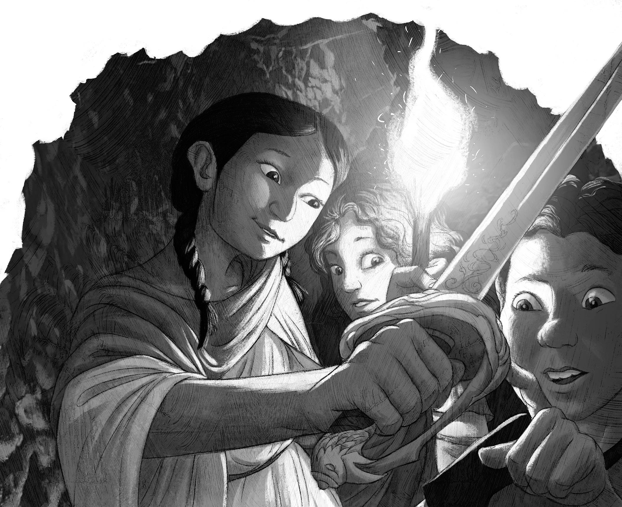 Interior illustration from Cousins in the Time of Magic, featuring three tan-skinned children, two with dark curly hair and one with dark, plaited hair sheltering in a cave; one holds a torch flame while the other two marvel over the pommel of a sword.