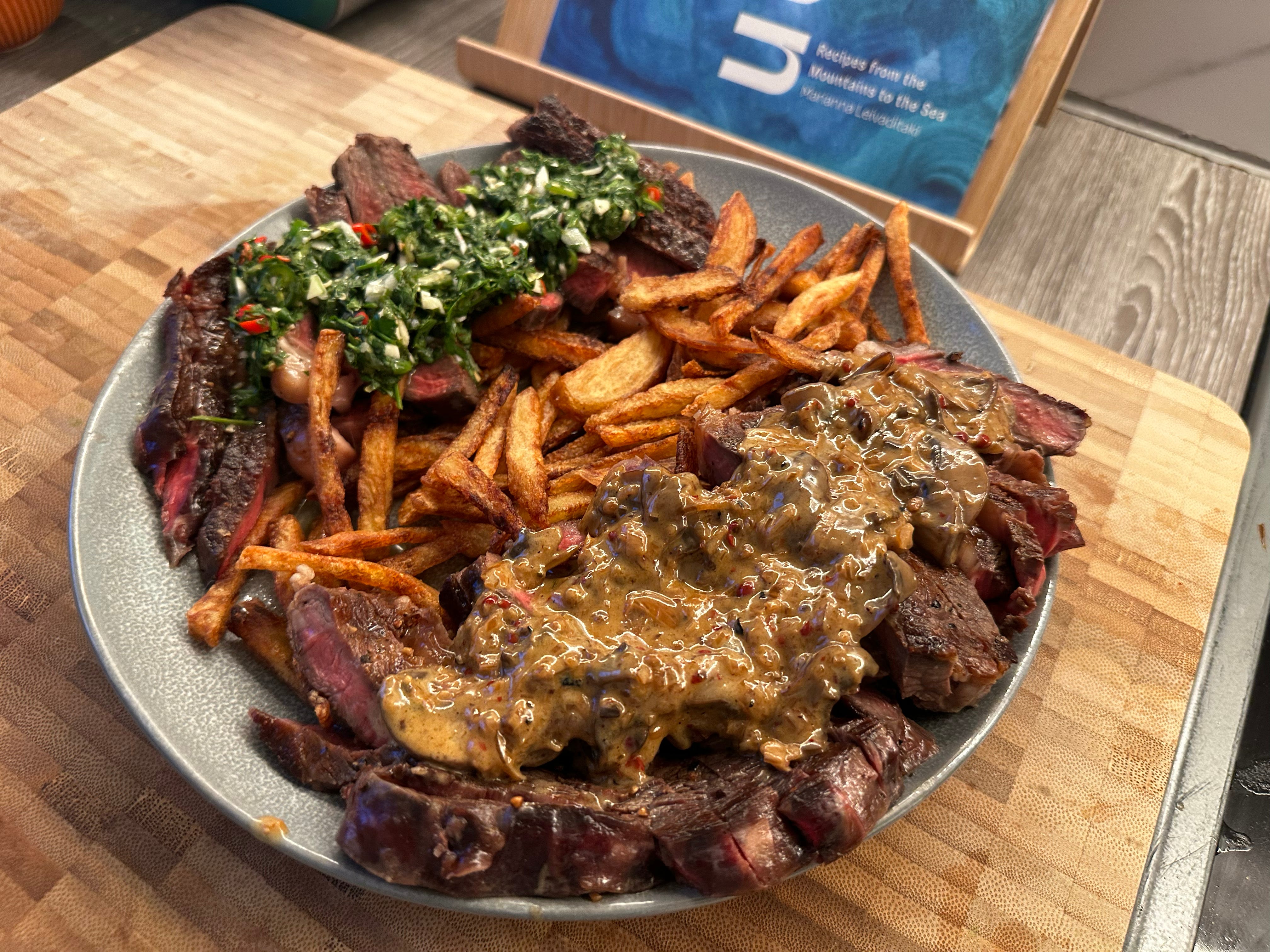 Steak Frites with Chimichurri & Pink Peppercorn Mushroom Sauce