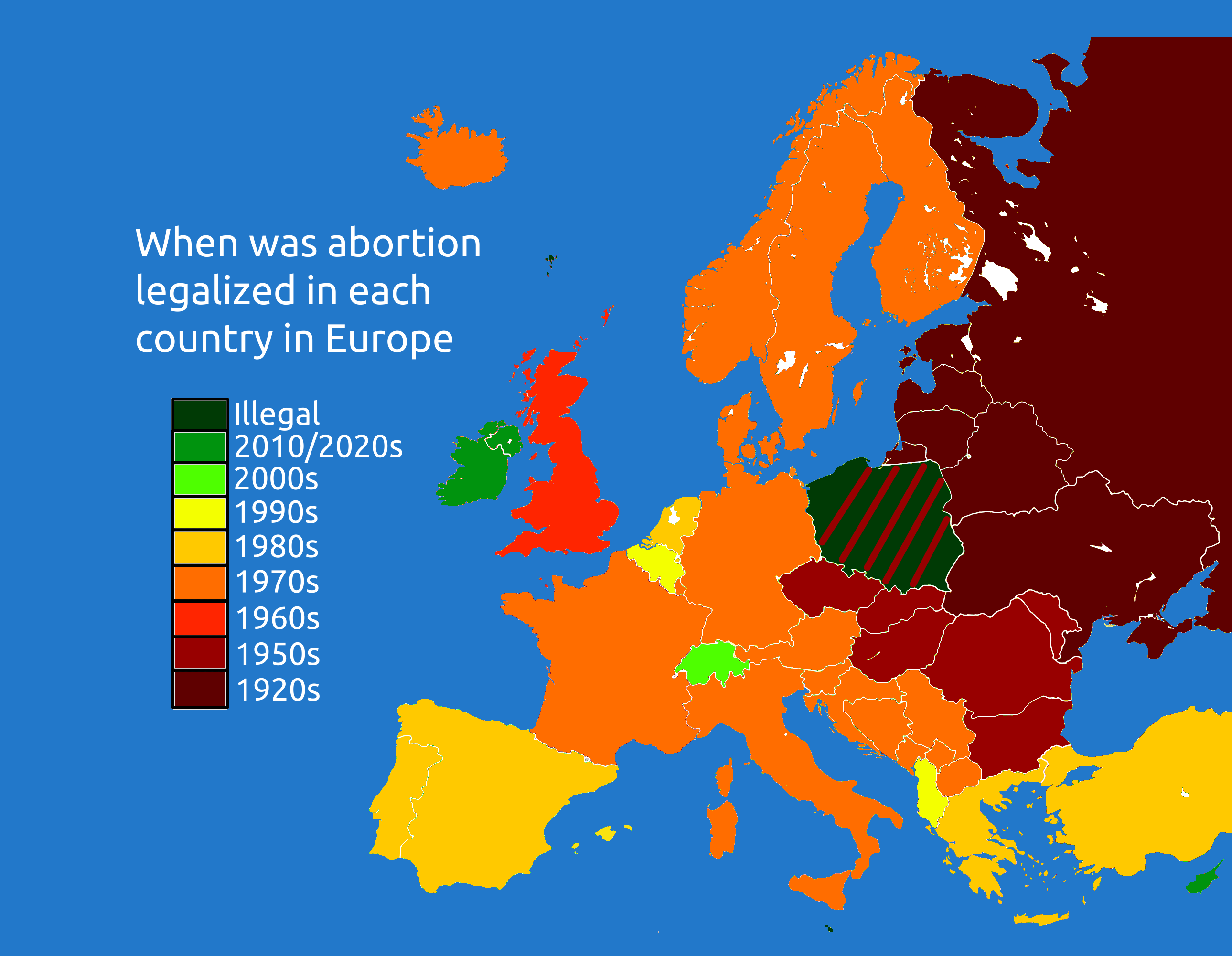 When abortion was legalized in each country in Europe
