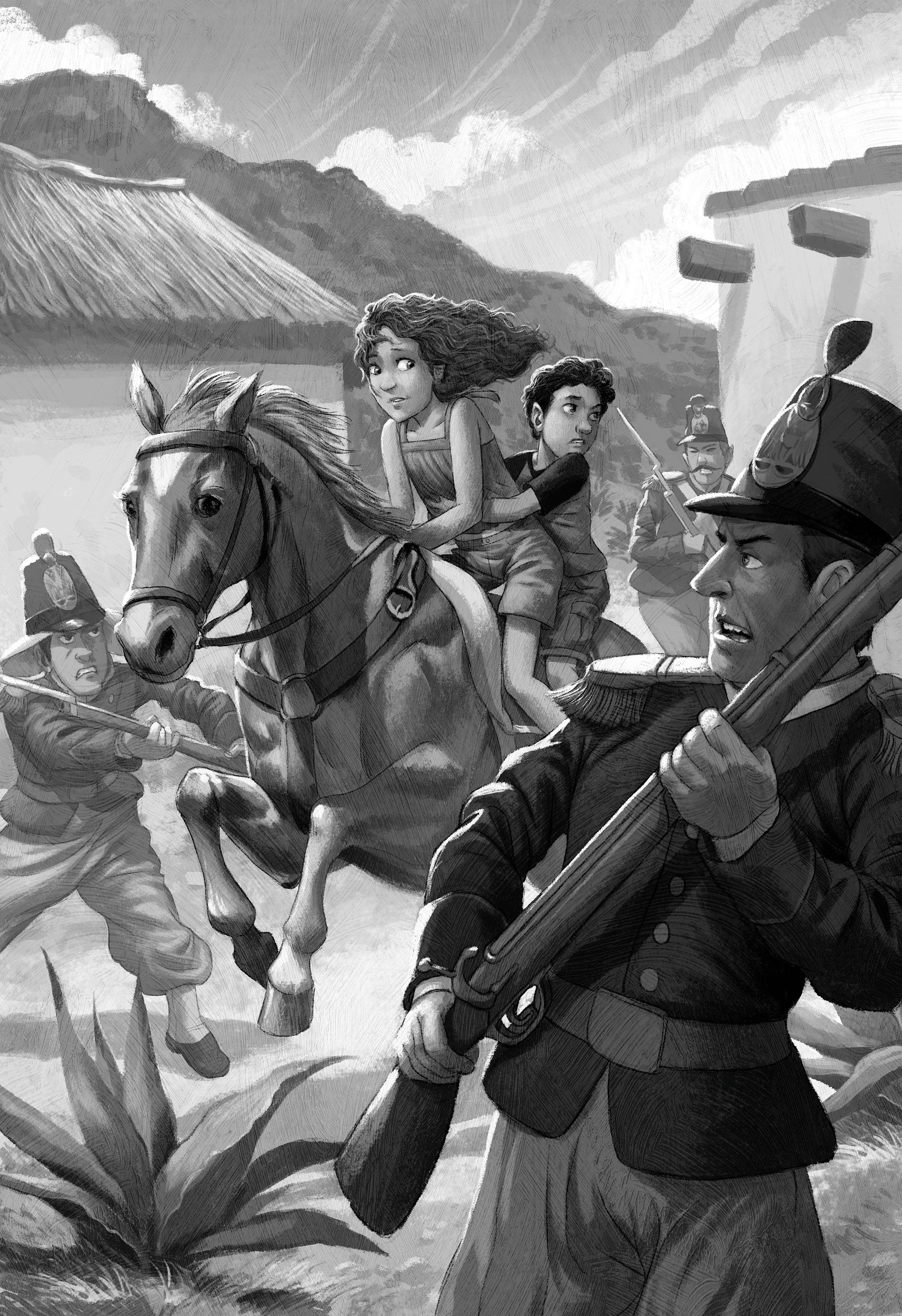 Interior illustration from Cousins in the Time of Magic, featuring two tan-skinned children with curly dark hair riding on horseback through a military battle; several adults in 1800's-era uniforms holding bayonetted rifles angrily try to stop them.