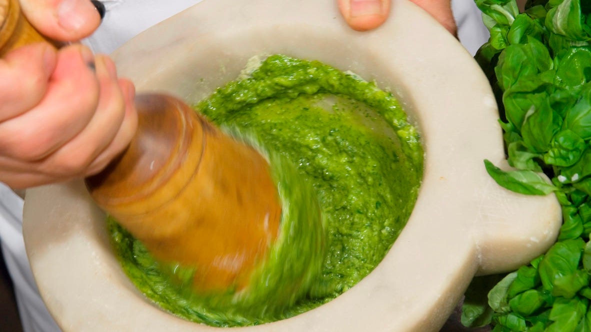 Parsley Pesto Made in Marble Mortar, Dishes