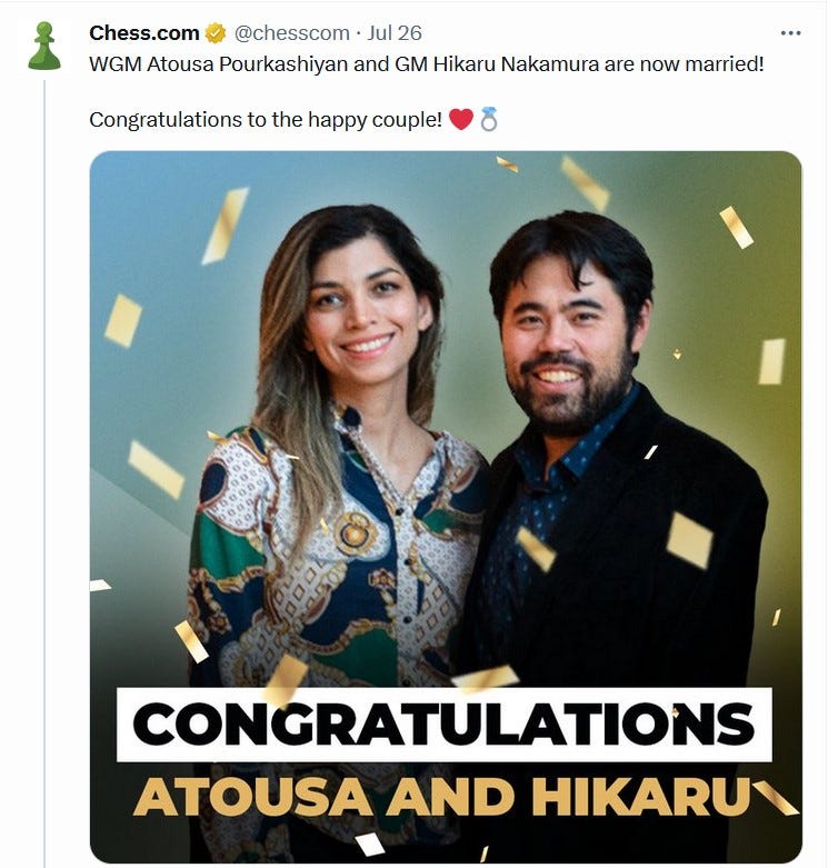 GM Hikaru Nakamura married whit Atousa Pourkashian :) congrats