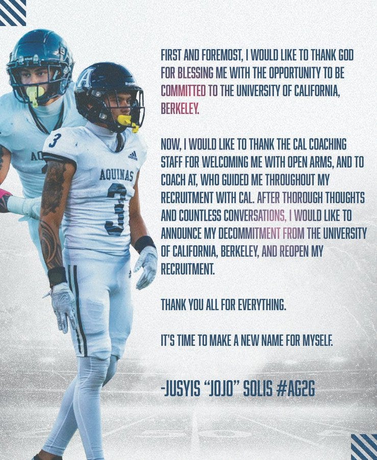 Cal 2025 RB commit Jojo Solis reopens recruitment