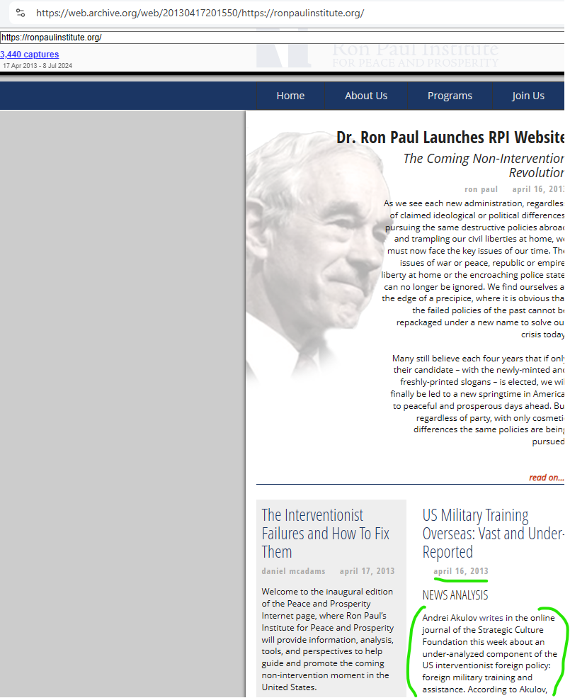 Ron Paul Institute features a Russian Foreign Intelligence directed Strategic Culture Foundation retired colonel Andrei Akulov on the inauguration of its website.