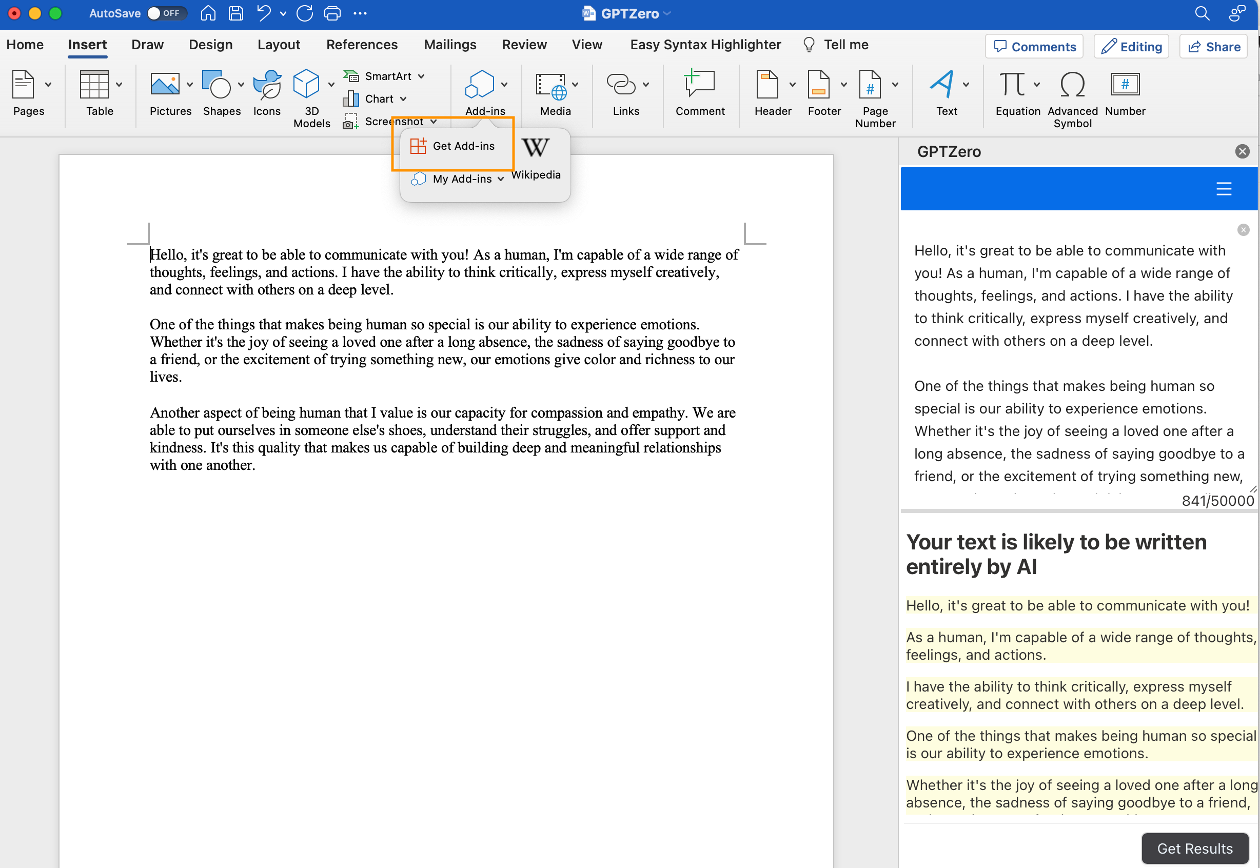 Microsoft Word Extension GPTZero