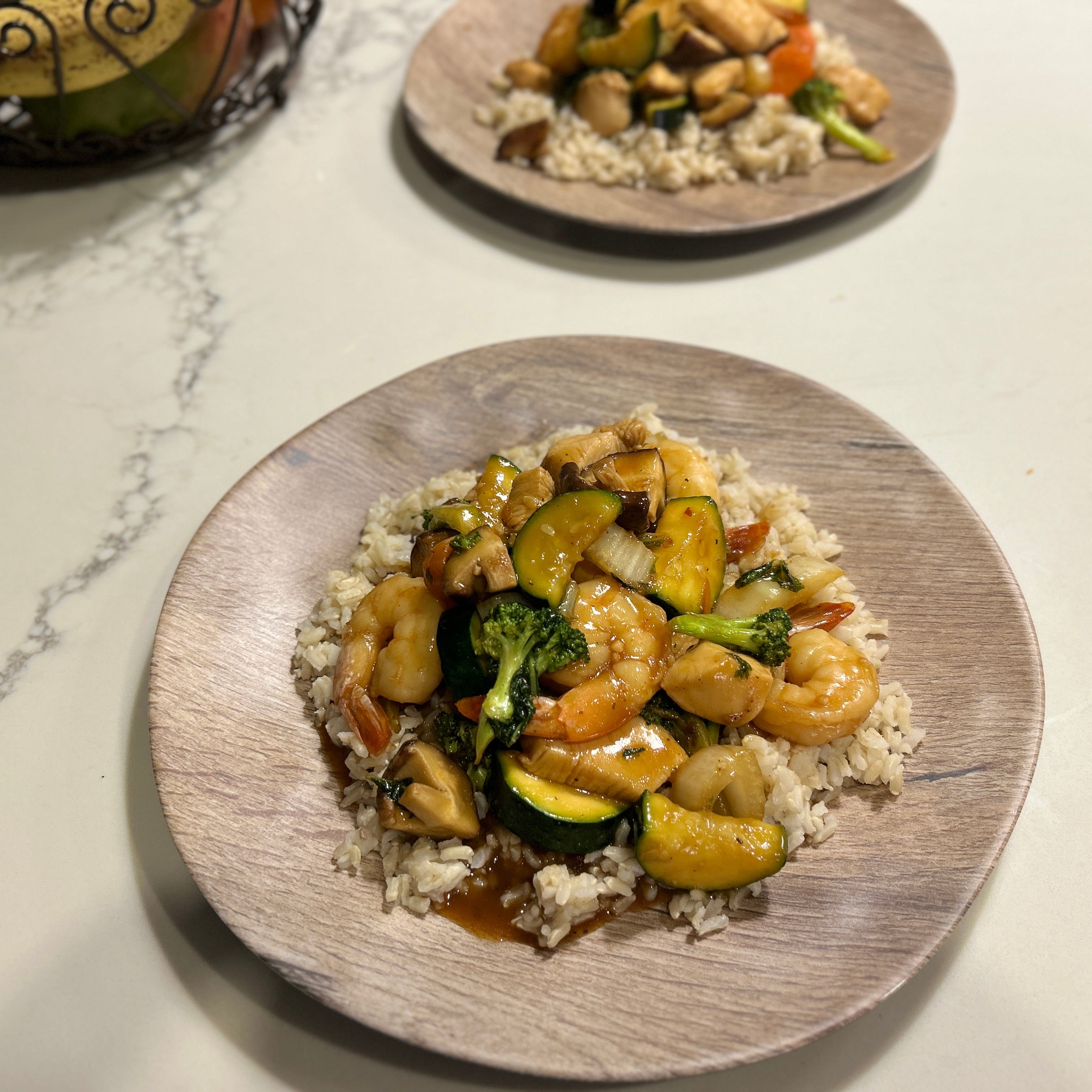 Chicken and Shrimp Stir Fry with Hearty Veggies over Brown Rice