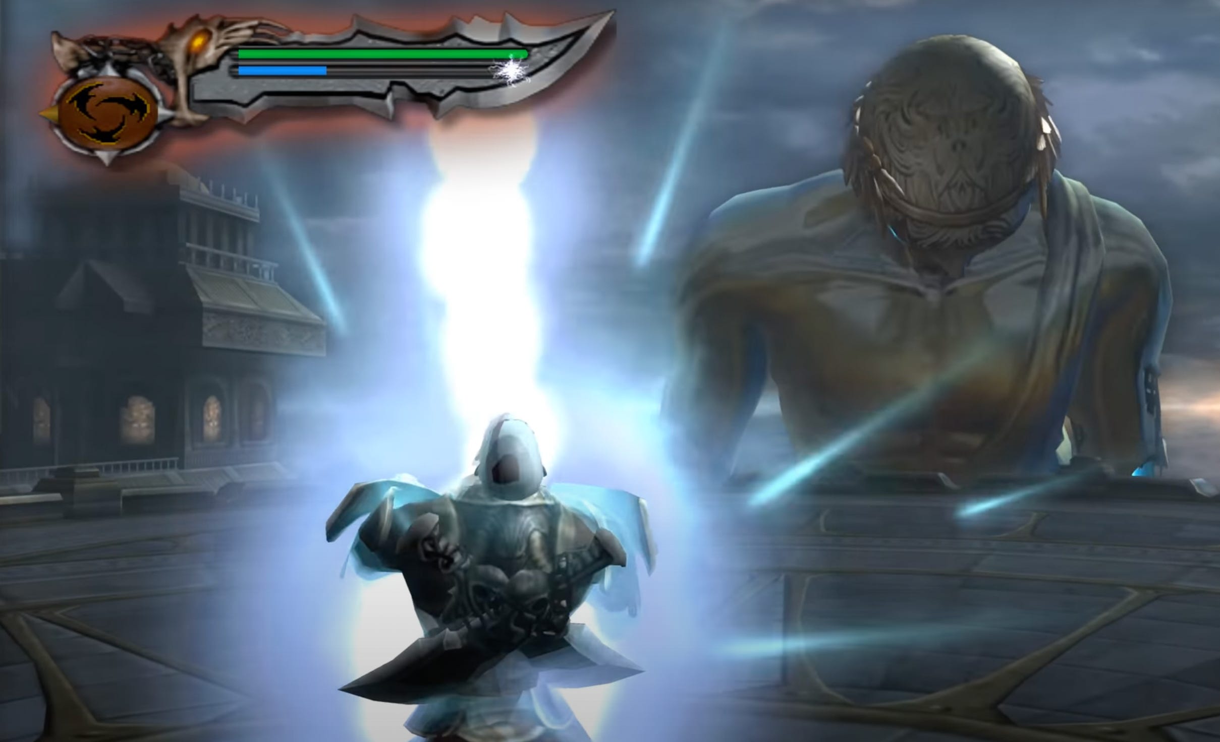 Why does Kratos have blue blades in God of War 2 at the beginning