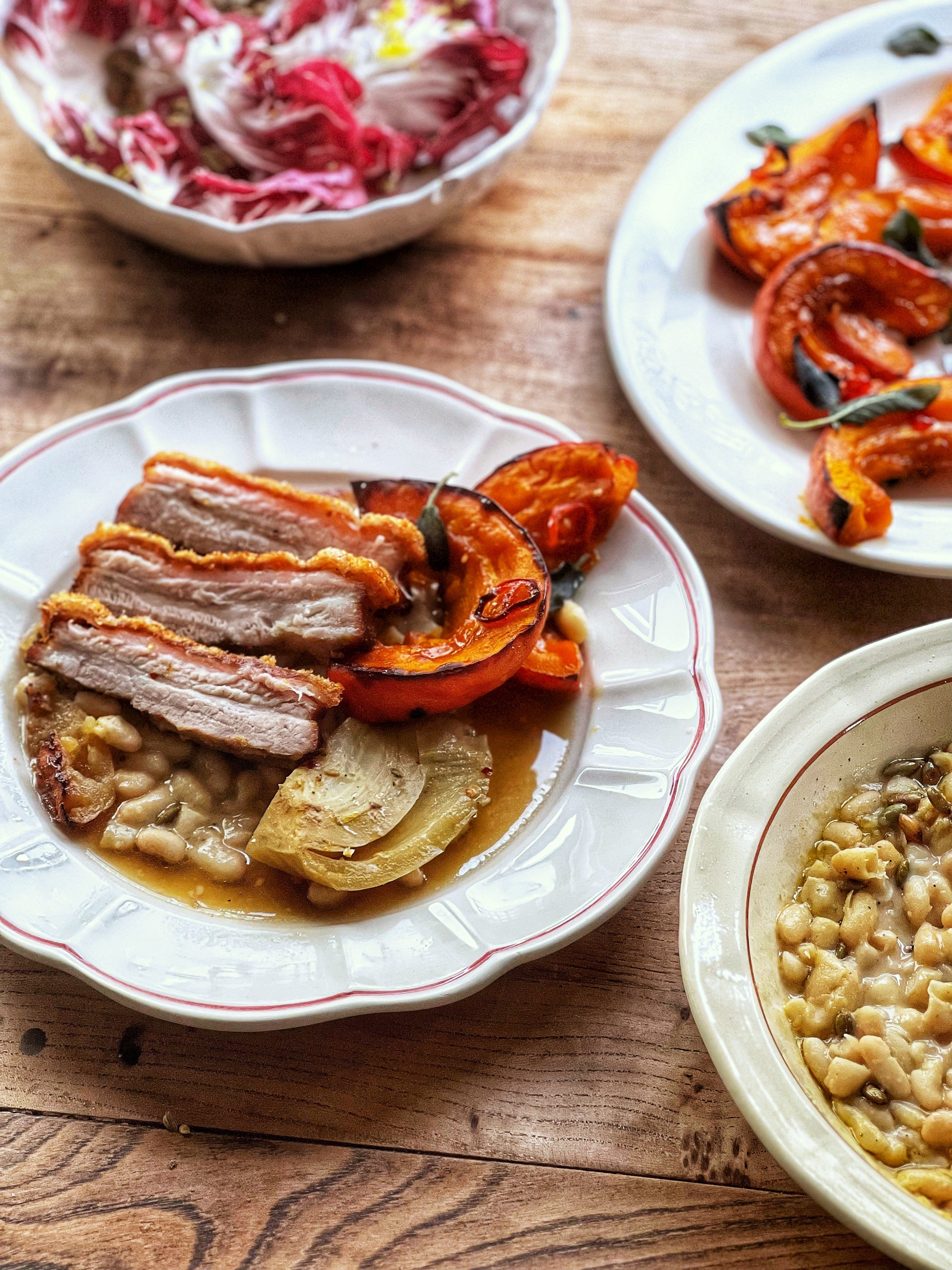 Slow roasted pork belly with glazed chestnuts and radicchio recipe