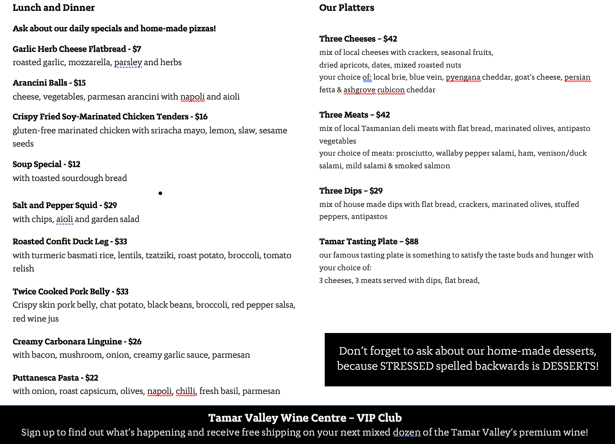 Tamar Valley Wine Centre Lunch & Dinner Menu