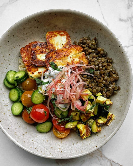 Summer Bowl with Hot Honey Halloumi - by Carina Wolff