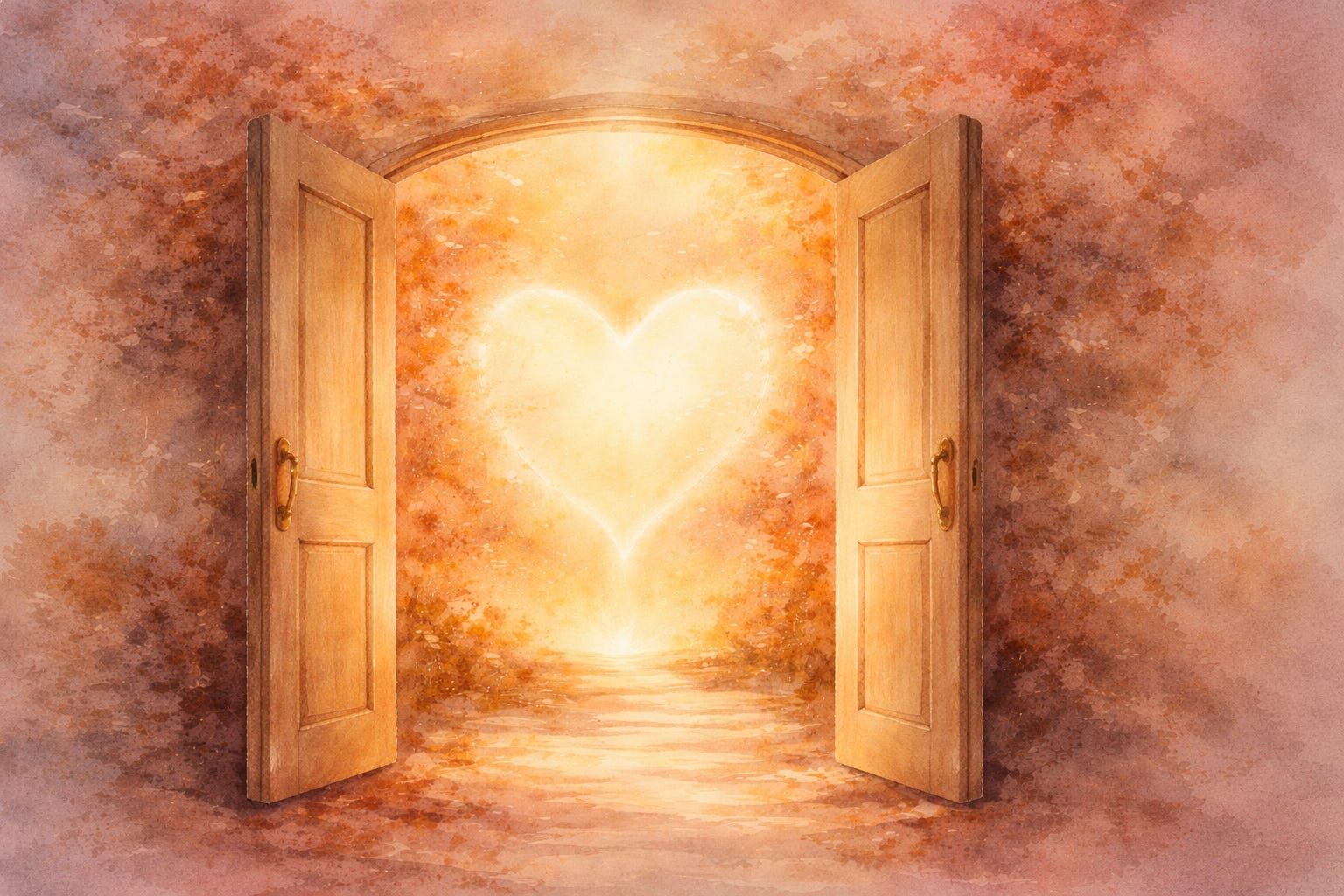 Open golden doors revealing a glowing heart of light - the path home