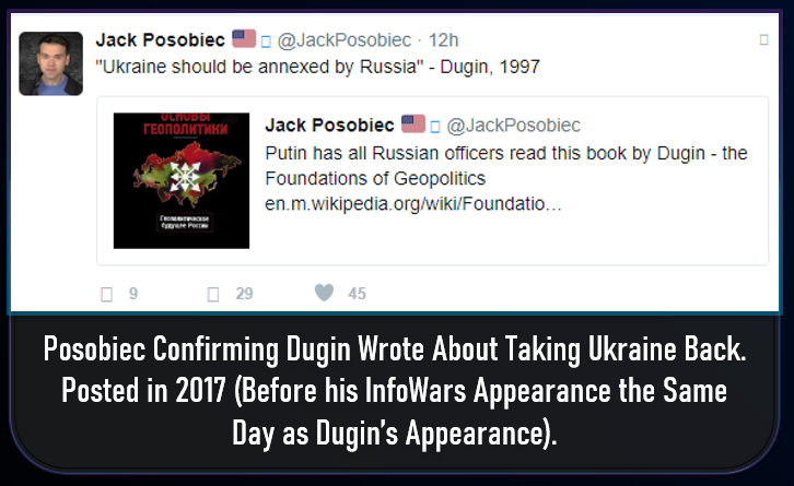 Jack Posobiec failed to warn people about Aleksandr Dugin despite knowing he wanted Putin to invade Ukraine.