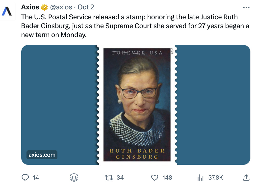 US Postal Service releases stamp honoring Ruth Bader Ginsburg 