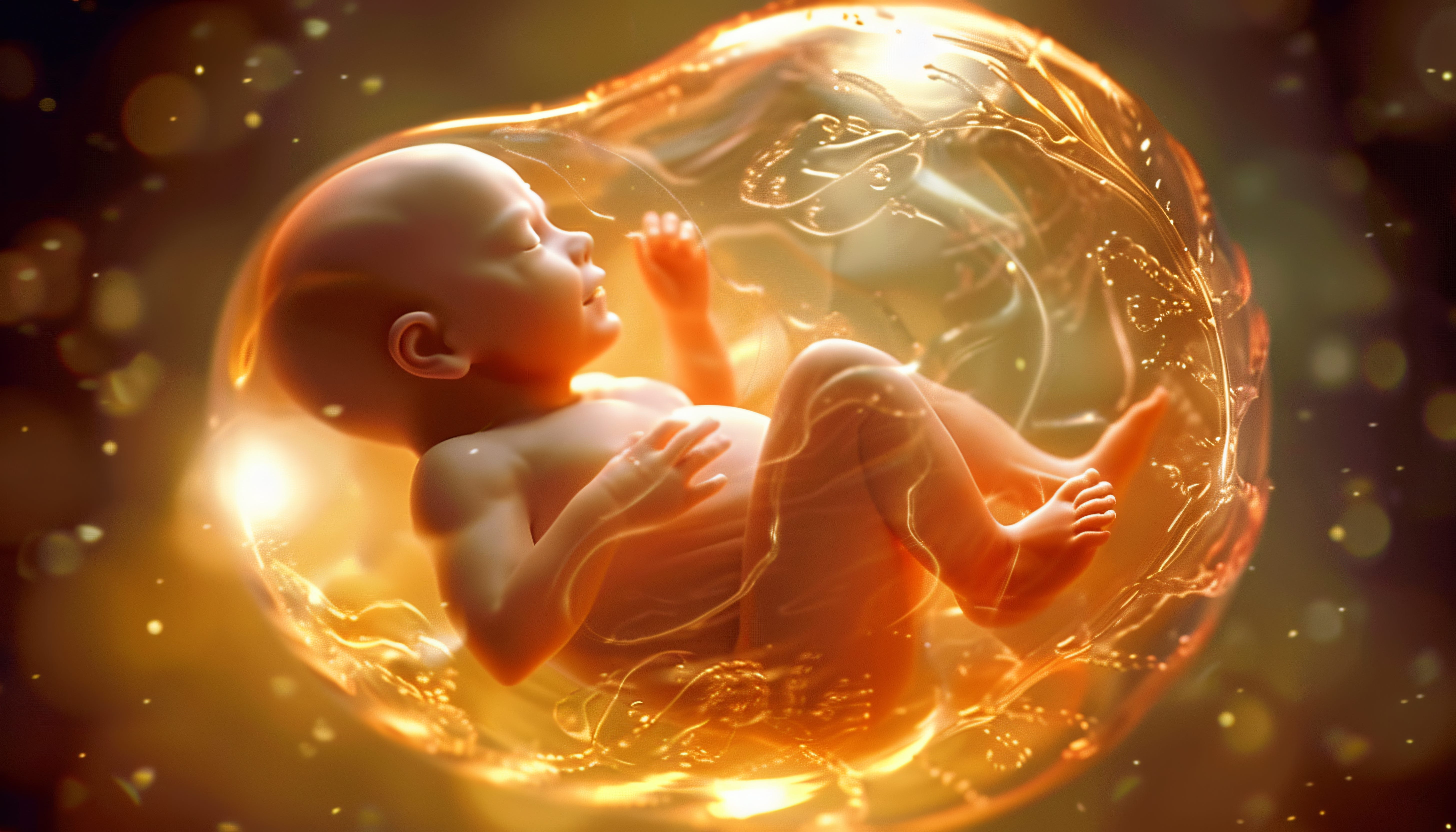 bebe no saco amniótico envolto em magia e luz.