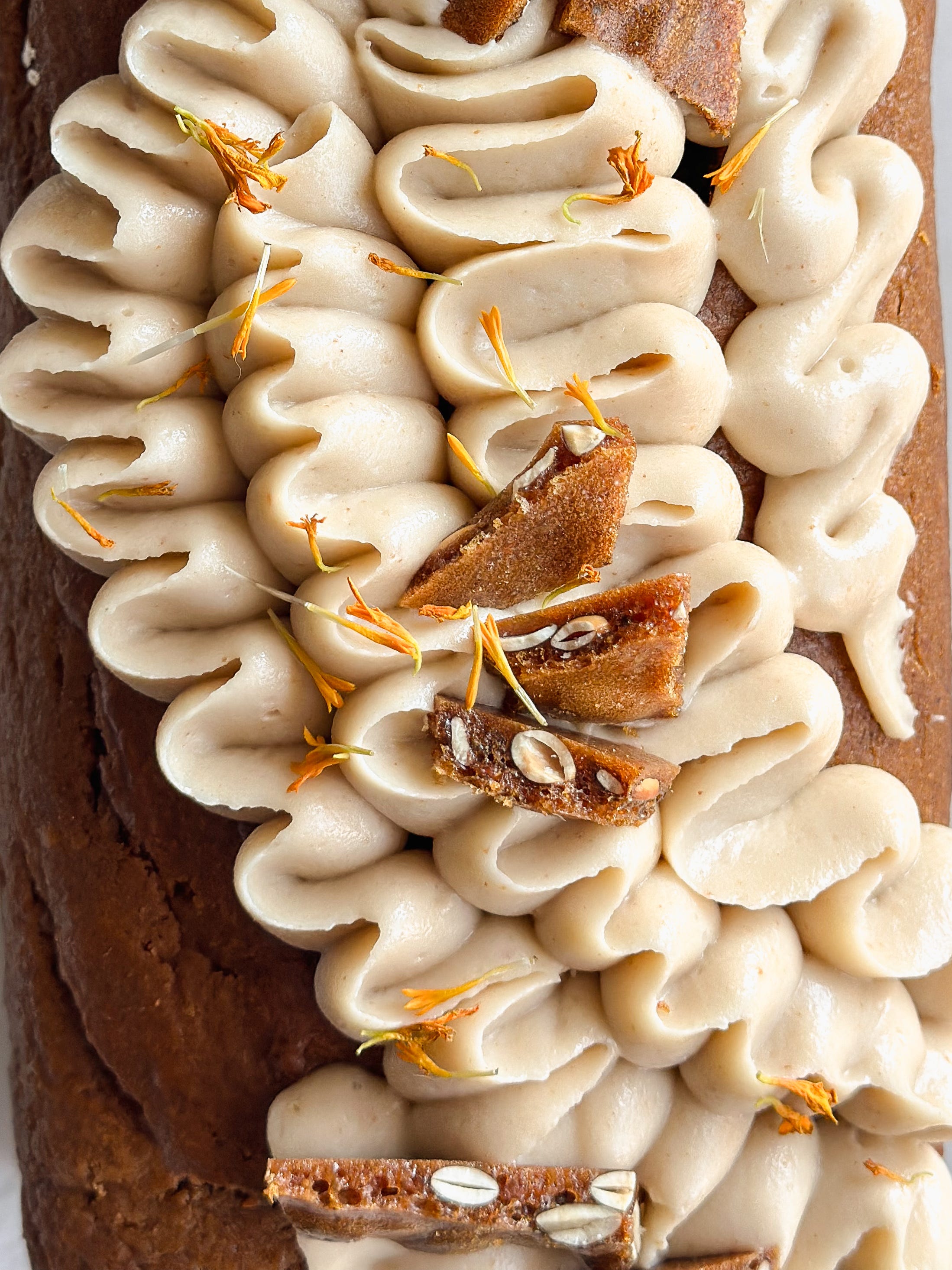 Pumpkin bread with brown butter cream cheese frosting and pepita brittle