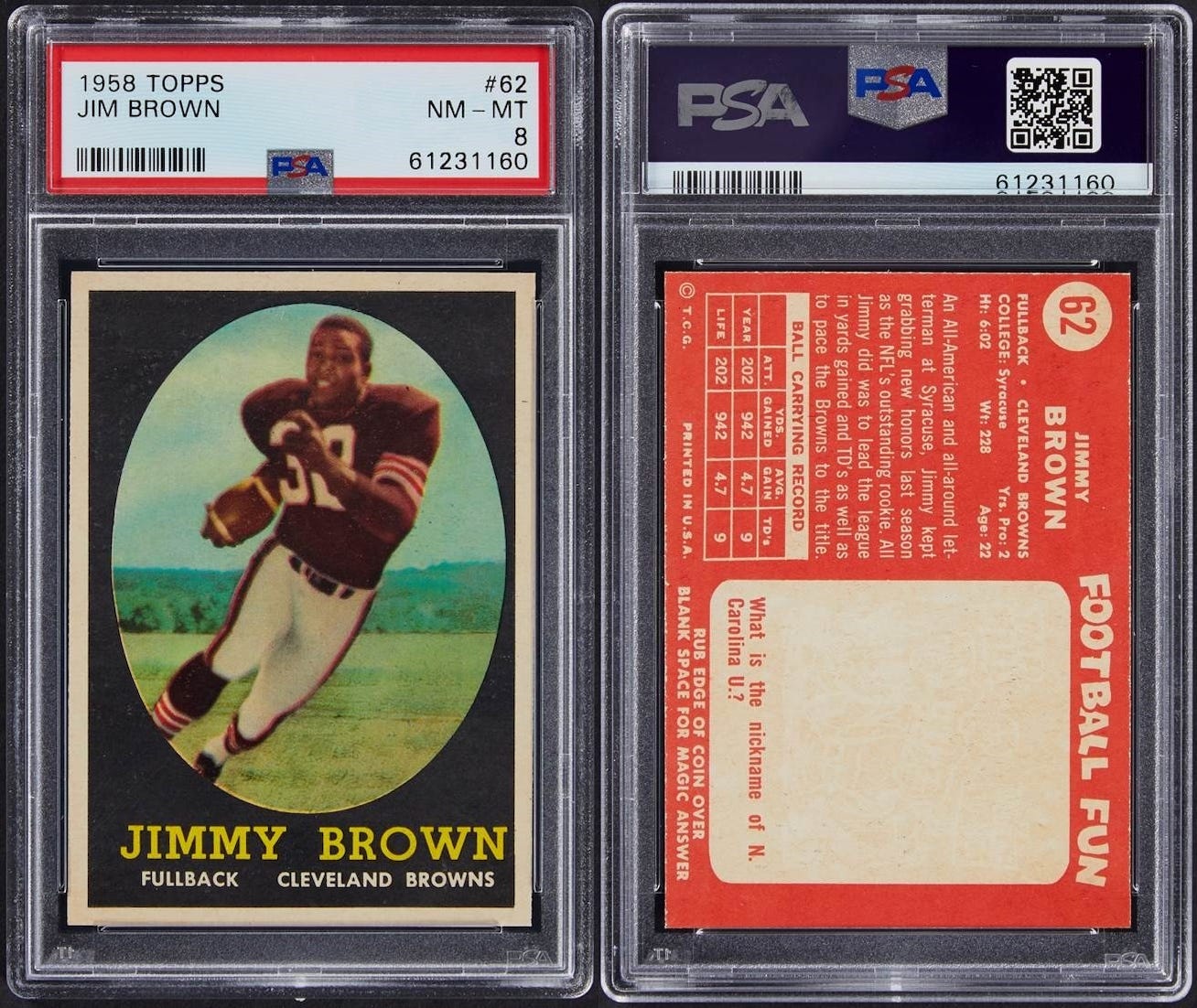 1958 Topps Jim Brown #62 Rookie PSA Mint 9. Football Cards