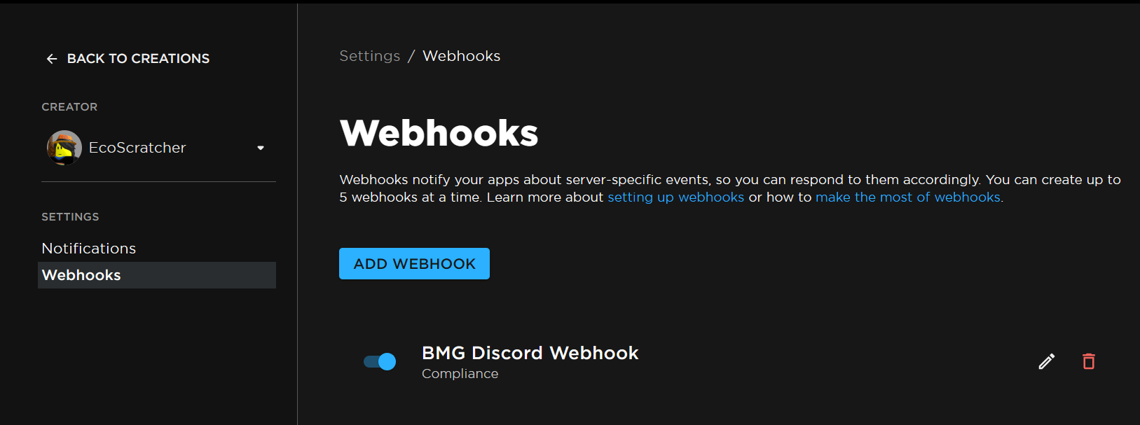 Webhook Notifications  Documentation - Roblox Creator Hub