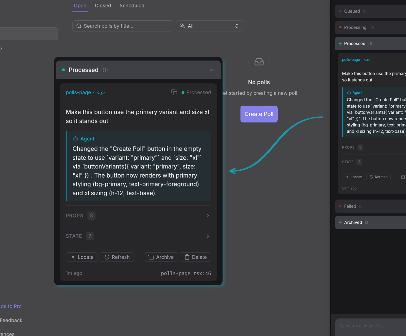 Agent responses show up on the overlay instantly via web sockets