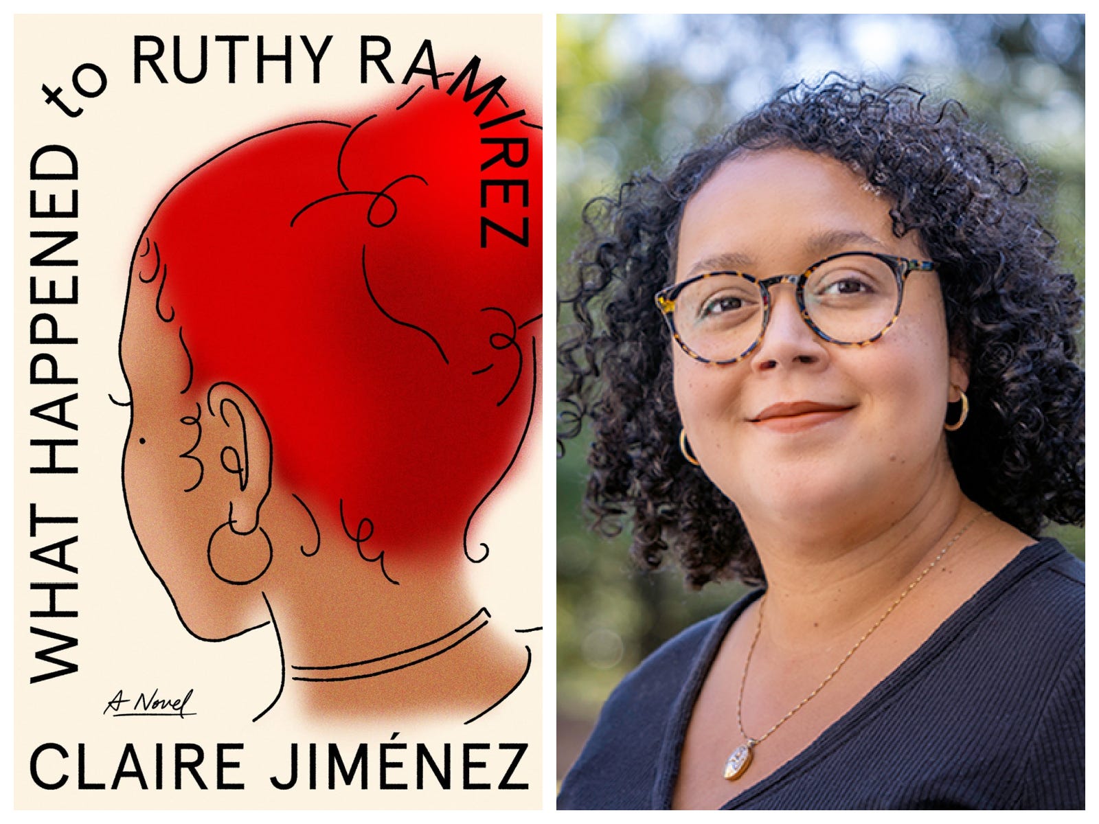 Author Claire Jiménez and the book cover for What Happened to Ruthy Ramirez