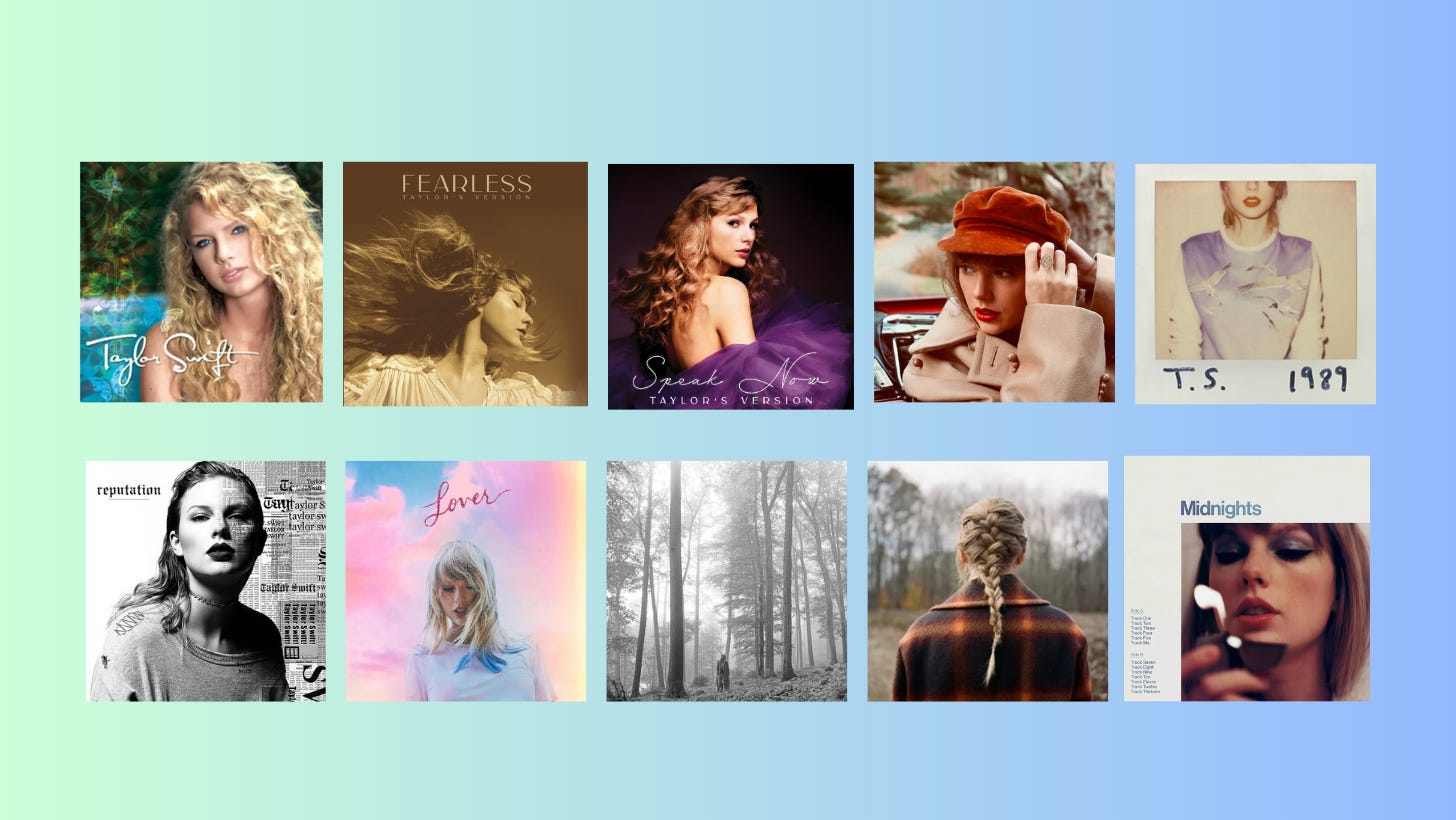 All 6 album cds: Taylor Swift, Fearless, Speak Now, Red, 1989, and  Reputation! <3 <3 <3