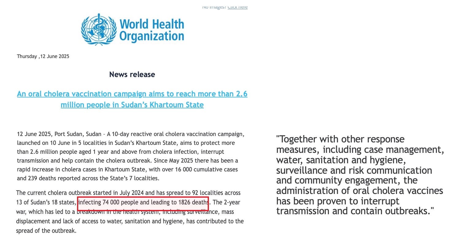 Current outbreak info: Cholera (Sudan) and Measles (USA)