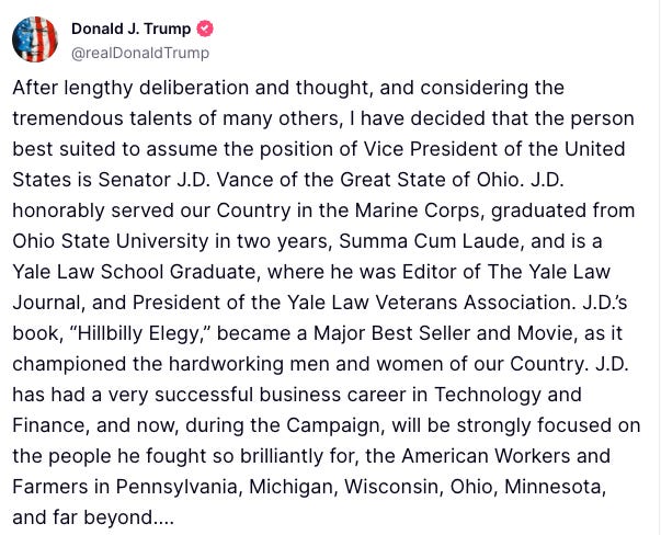 Trump's Truth Social post announcing J.D Vance as his VP pick | Who is J.D Vance, Trump's Running Mate and Vice Presidential Candidate for the Republican Party