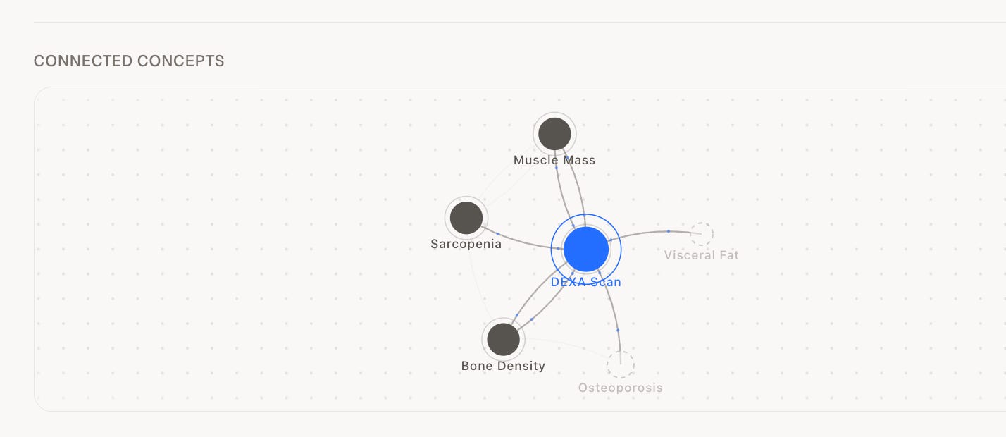 The connected concepts graph for DEXA Scan, linking out to Muscle Mass, Sarcopenia, Bone Density, Visceral Fat and Osteoporosis