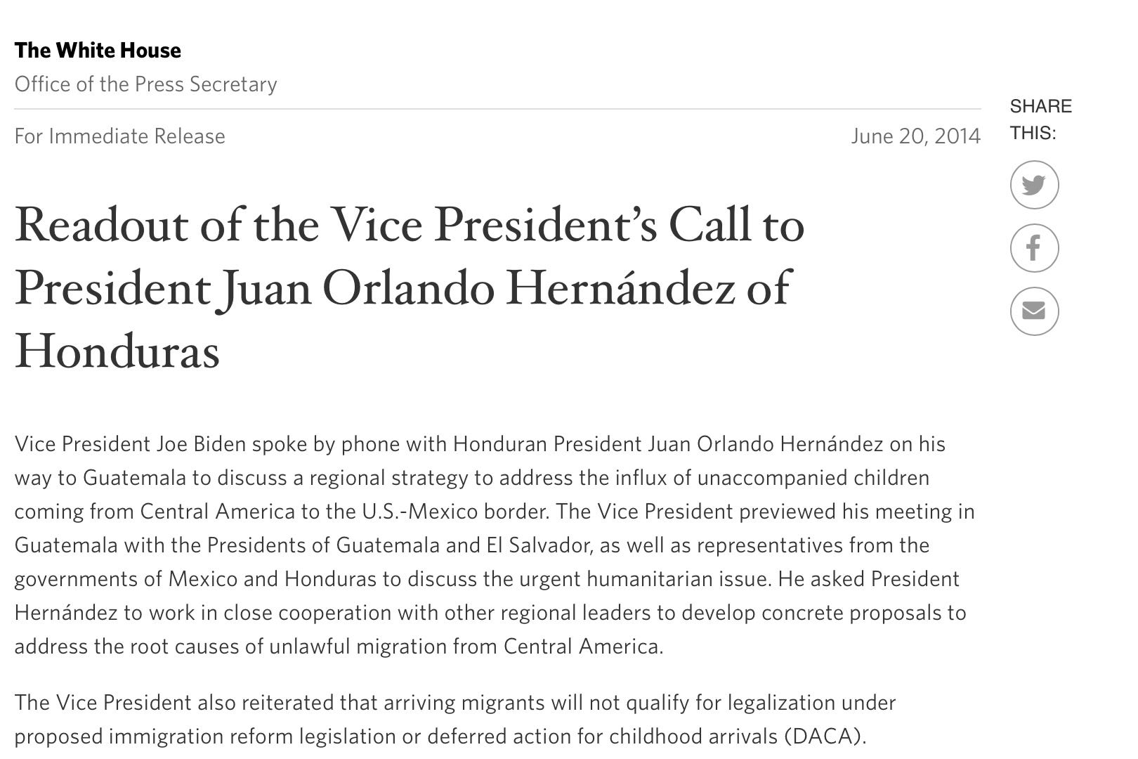 Readout of the Vice President's Meeting with Honduran President