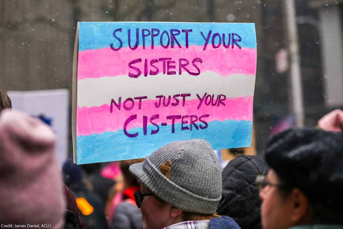 A diverse group of women holding signs that read 'Trans women are women' and 'Feminism includes trans women'