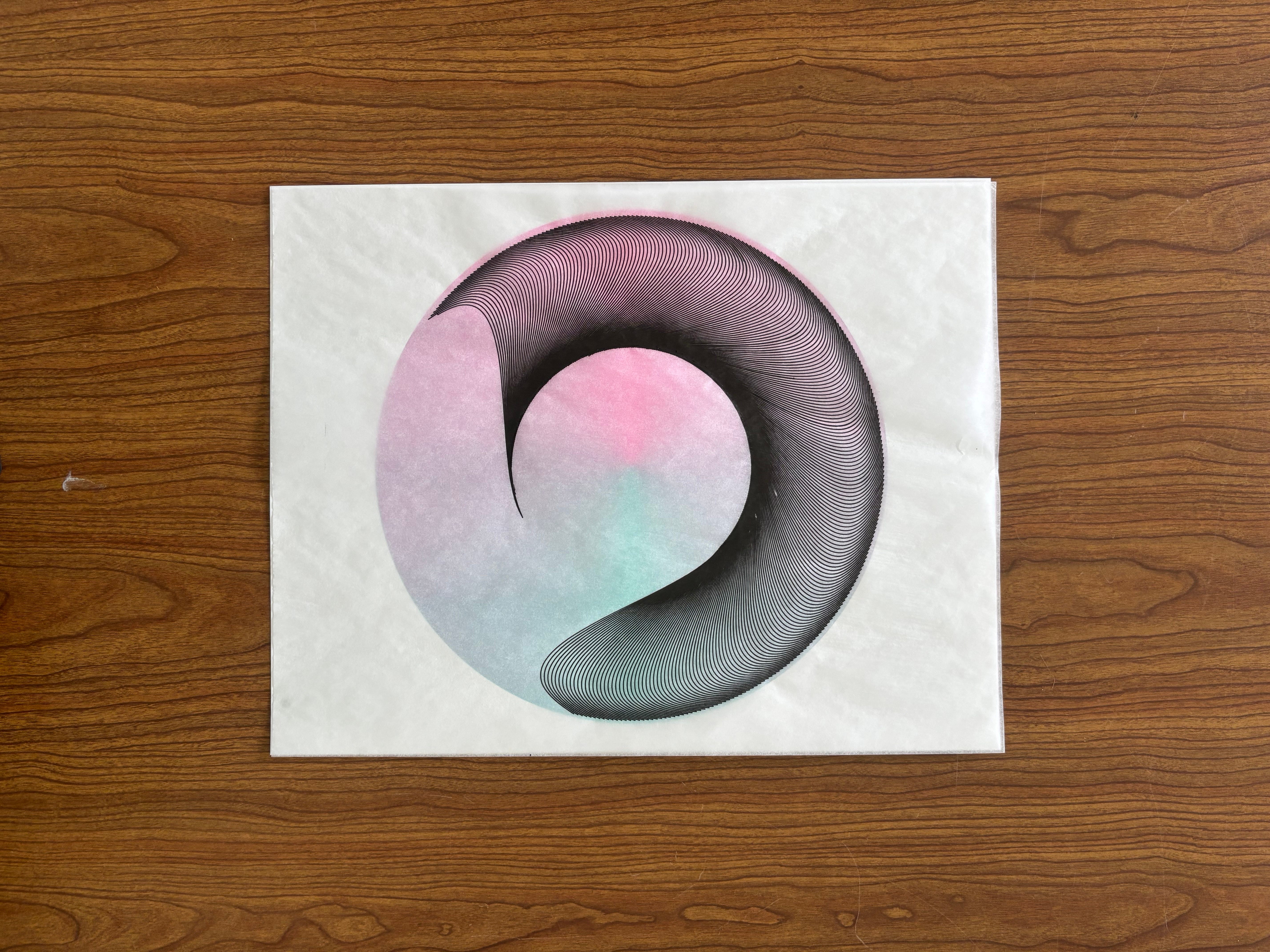 Untitled, 2025. 11x14 inches. Ink on translucent overlayed on-top of Risograph Ink