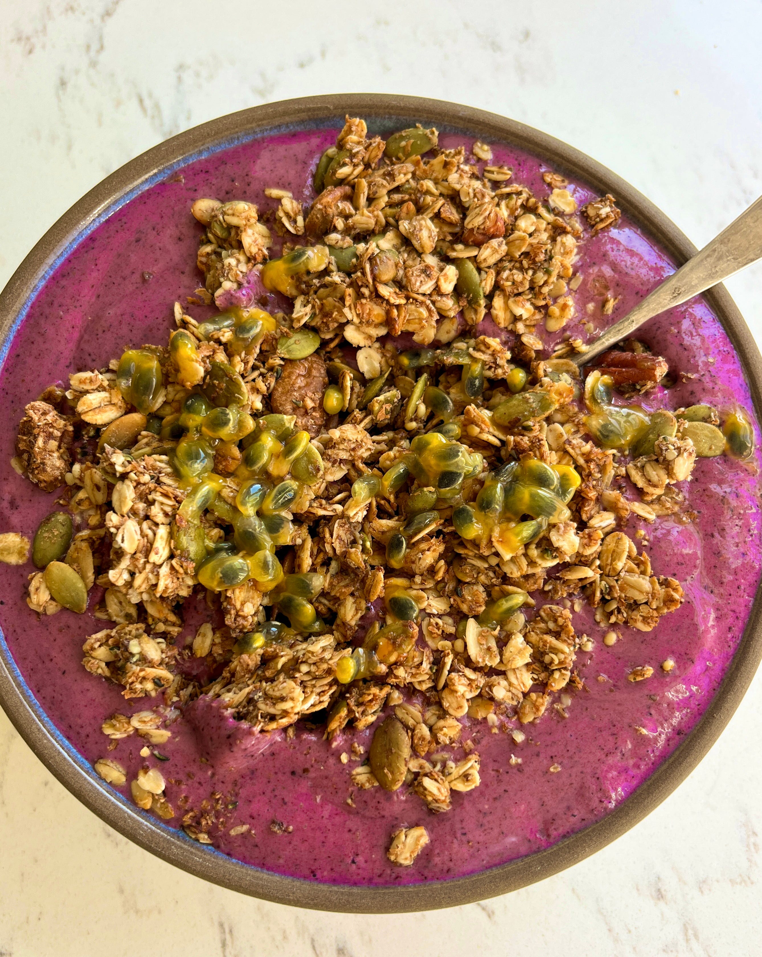 High protein/fiber granola with pecans, pumpkin seeds, flax, hemp and maple