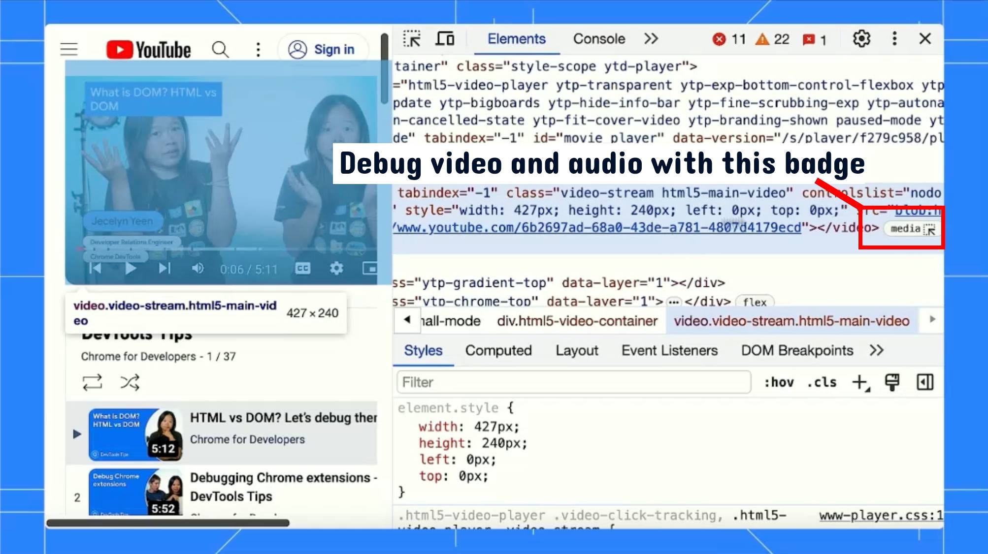 Debugging videos with the Media badge in Chrome DevTools