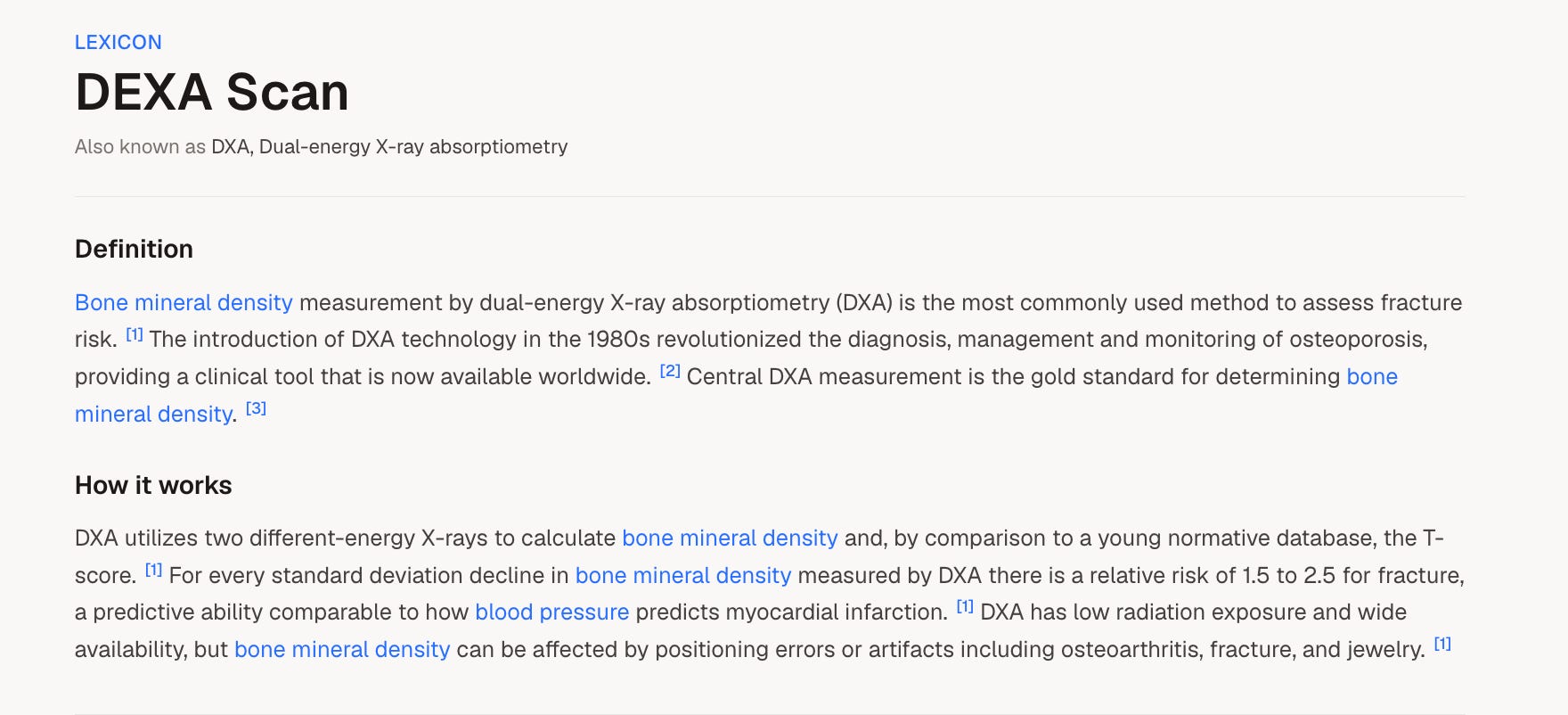 The DEXA Scan entry in the Lexicon, showing Definition and How it works sections with numbered citations on every claim