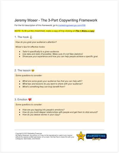 Marketing Powerups Cheatsheet for Jeremy Moser's 3-part copywriting framework