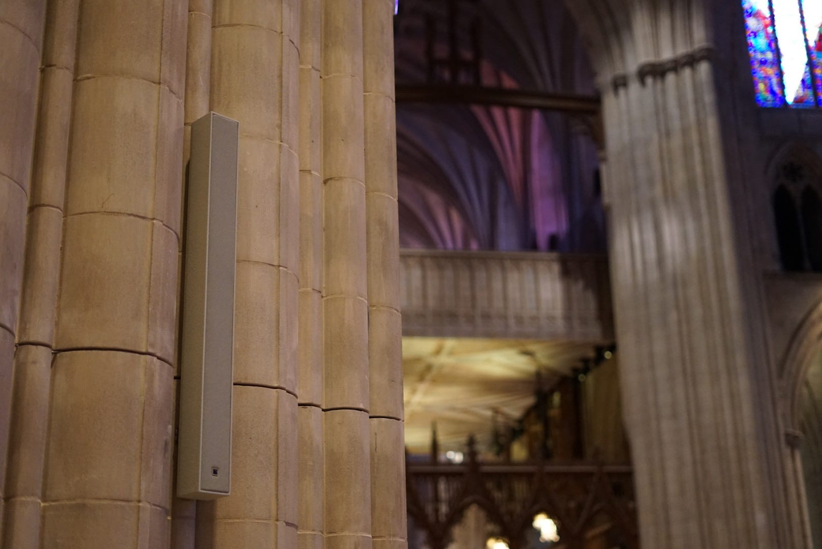 L-Acoustics Soka column loudspeaker with grout line cut out for cabling