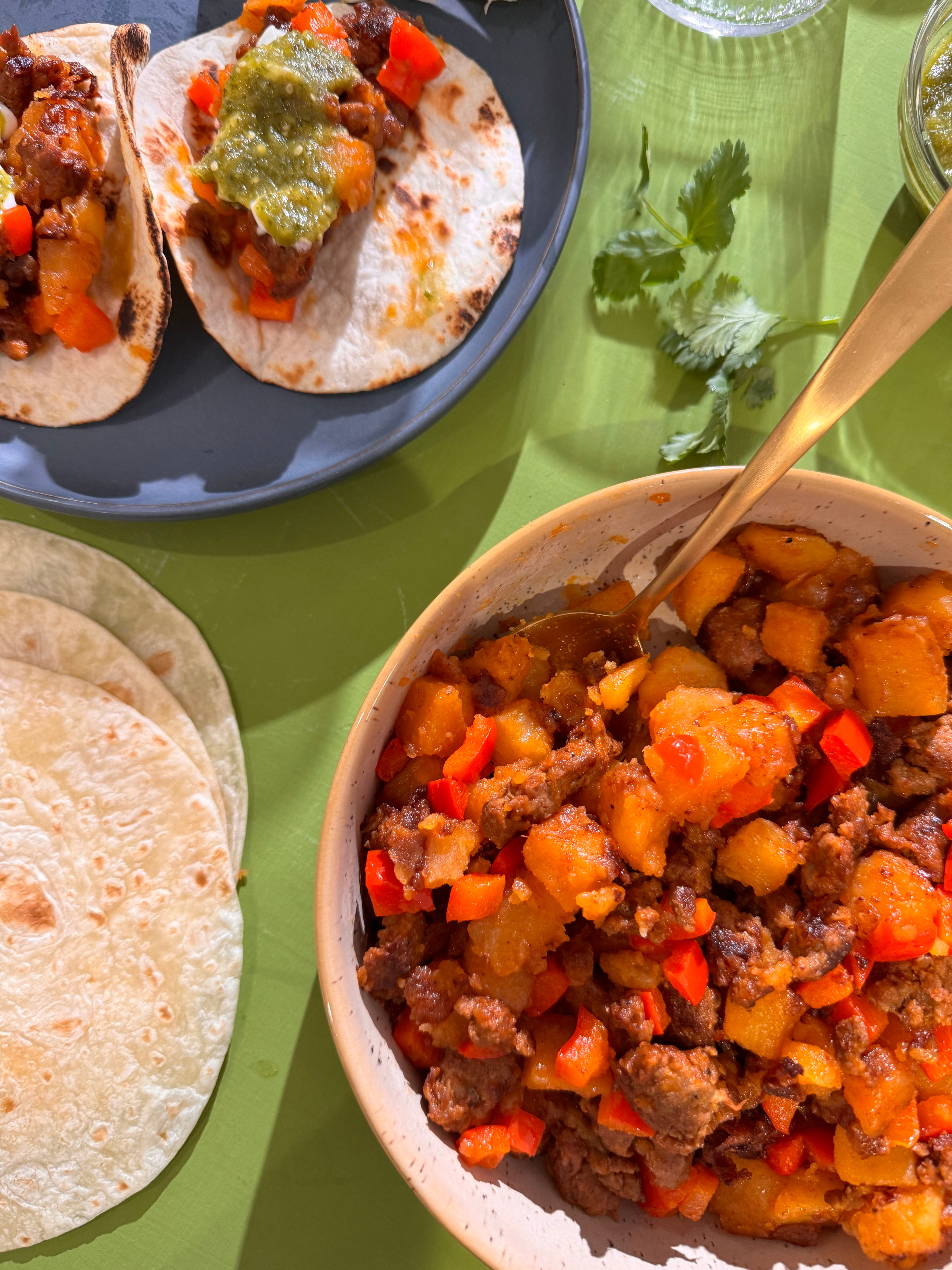 chorizo potato tacos with salsa verde dinner, sorted